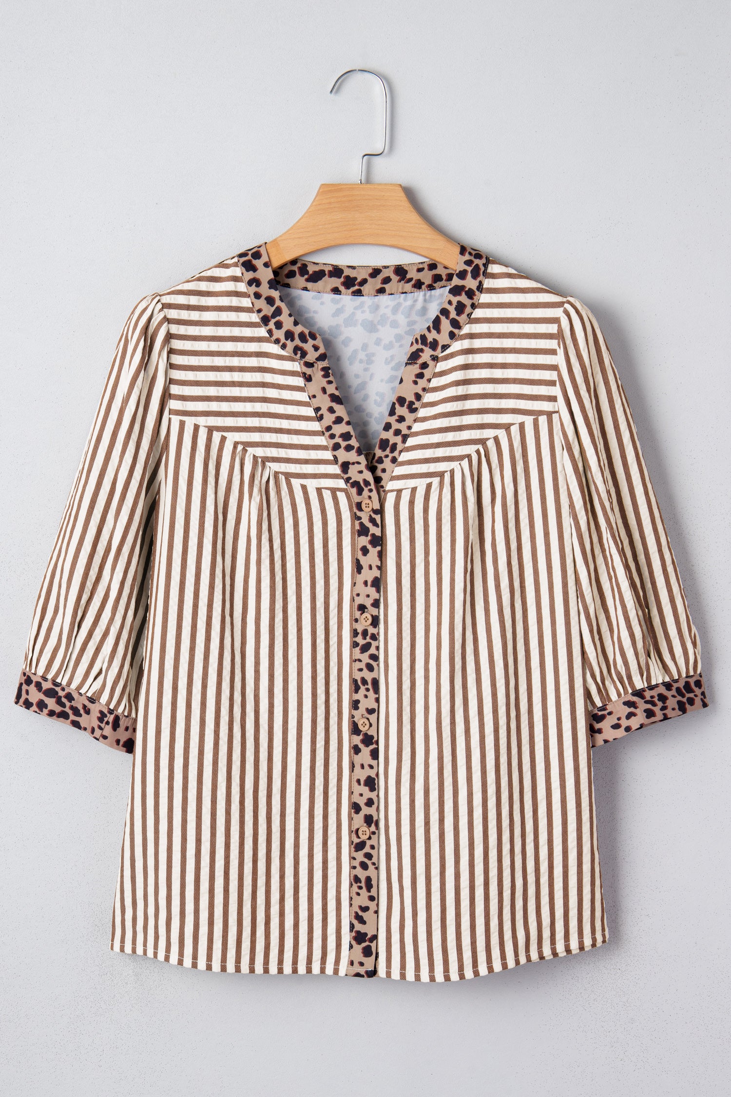 Brown Stripe Leopard Trim V Neck Button Down Half Sleeve Shirt-Tops/Blouses & Shirts-[Adult]-[Female]-2022 Online Blue Zone Planet