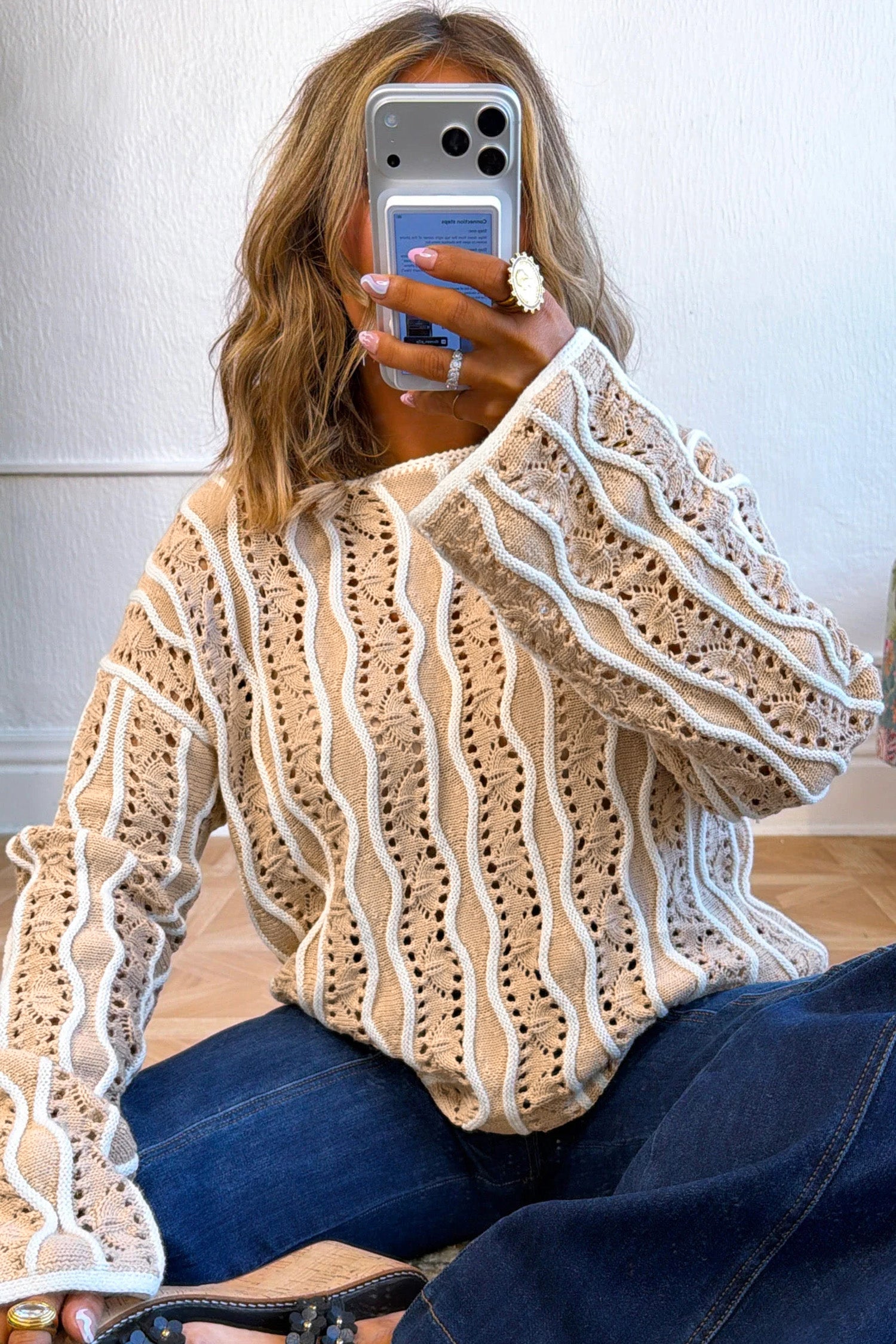 Khaki Wavy Detail Hollow Out Knit Long Sleeve Cotton Pullover Sweater-Sweaters & Cardigans/Sweaters-[Adult]-[Female]-2022 Online Blue Zone Planet