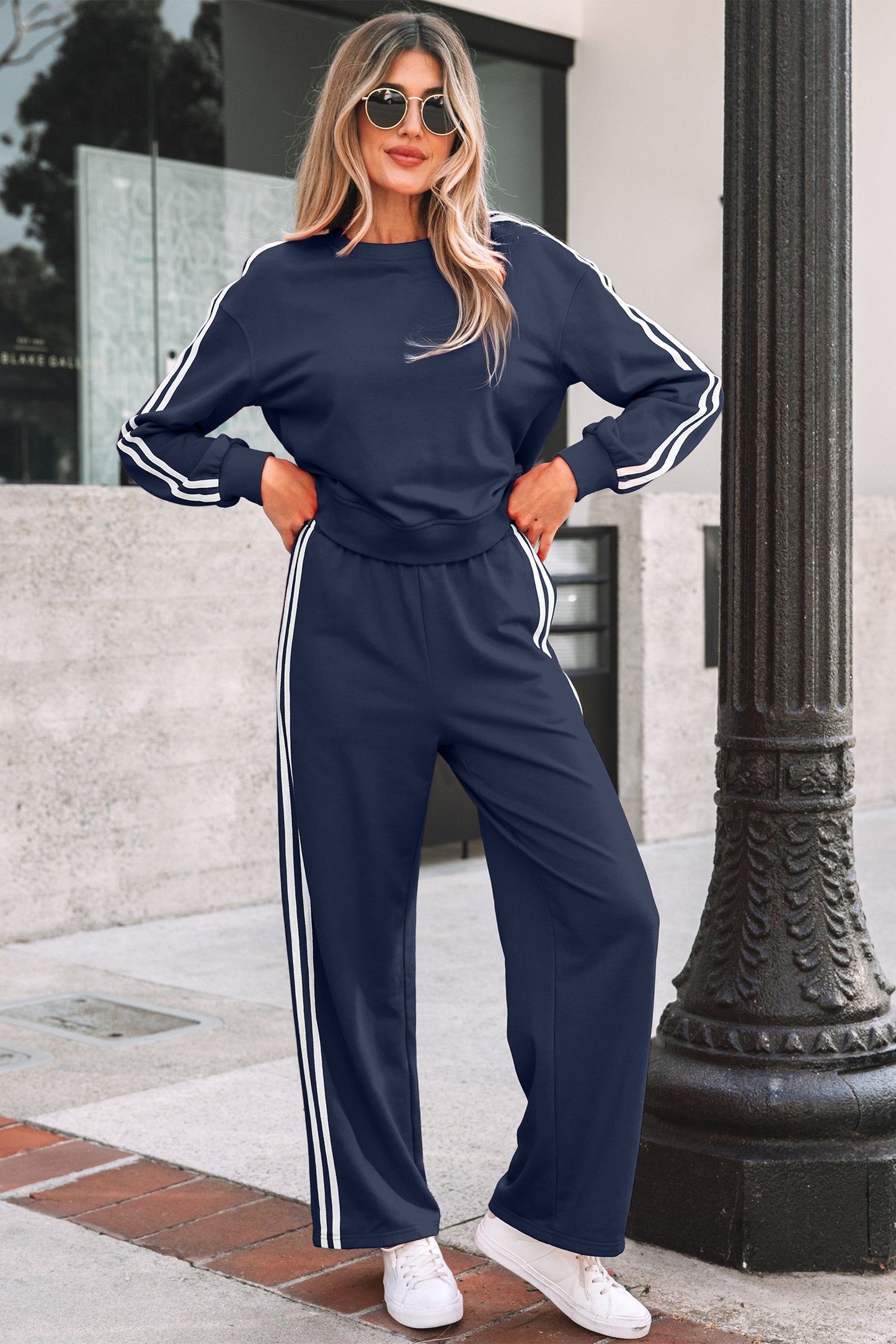 Dirty blue Varsity Striped Detail Crewneck Pullover Elastic Sweatpants 2pcs Outfit-Two Piece Sets/Pant Sets-[Adult]-[Female]-2022 Online Blue Zone Planet