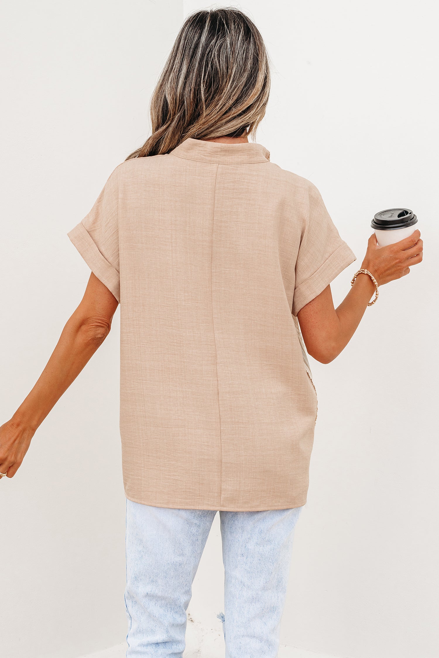 Parchment Crochet Lace Accent Pullover Rolled Short Sleeve Blouse-Tops/Blouses & Shirts-[Adult]-[Female]-2022 Online Blue Zone Planet