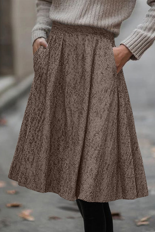 Brown Solid Color Textured Pleated Midi Skirt-Bottoms/Skirts & Petticoat-[Adult]-[Female]-Brown-S-2022 Online Blue Zone Planet