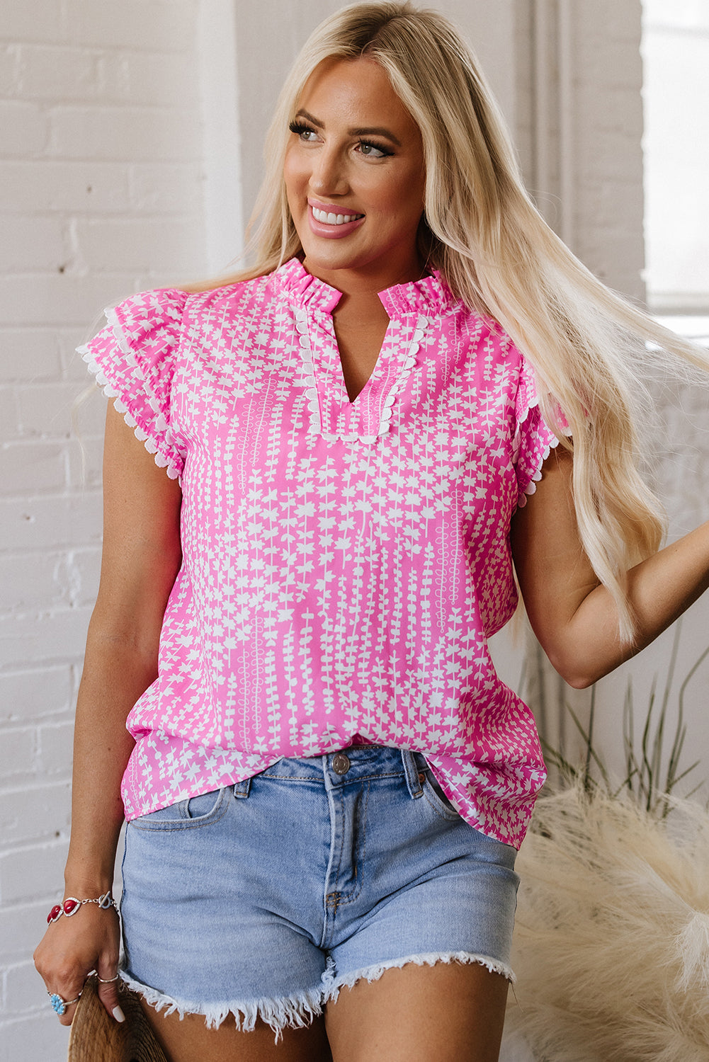 Blue Zone Planet | Pink Abstract Print Ric Rac Trim Flutter Sleeve Notch V Neck Blouse-Tops/Blouses & Shirts-[Adult]-[Female]-2022 Online Blue Zone Planet