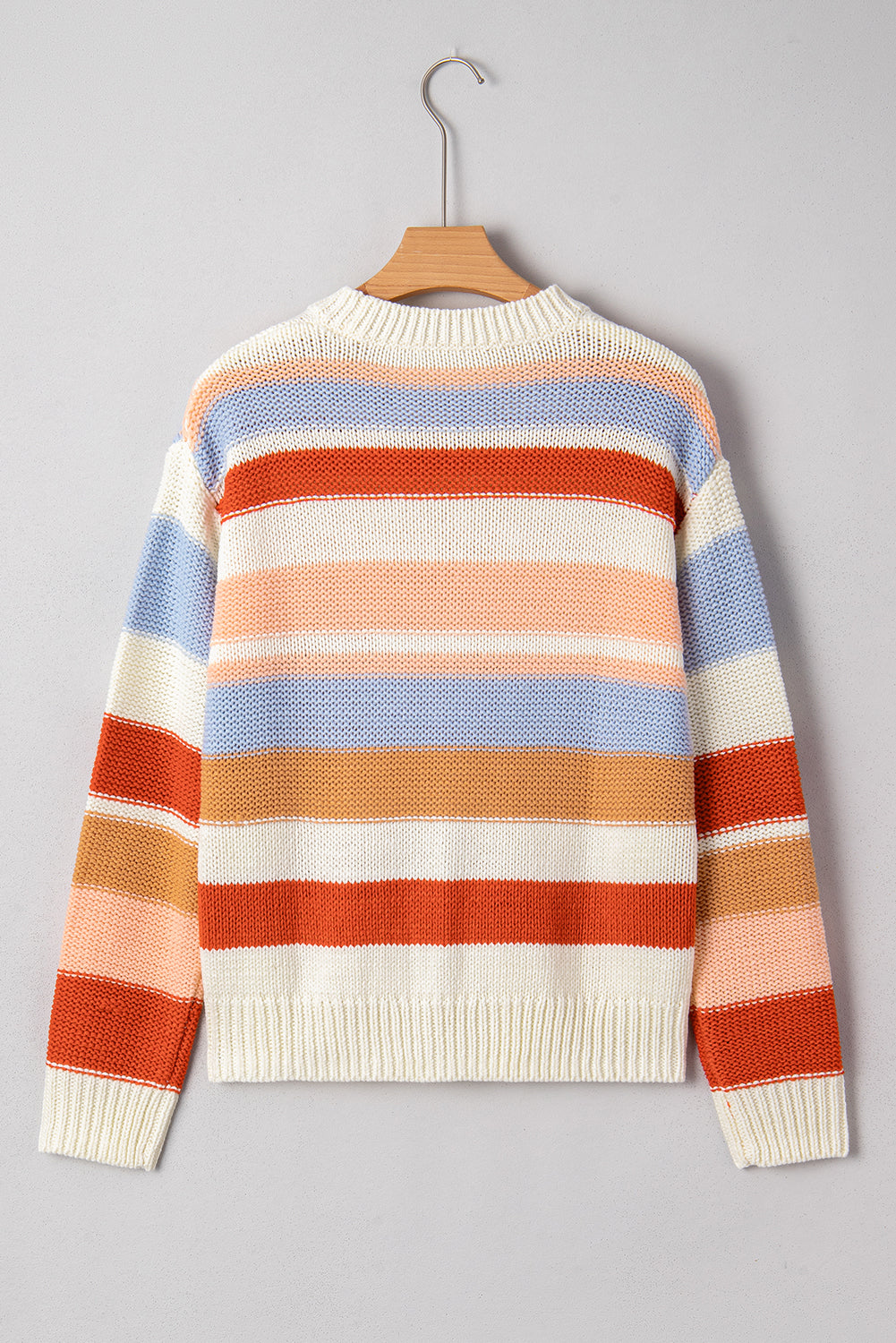 Pink Striped Colorblock Round Neck Drop Shoulder Sweater-Sweaters & Cardigans/Sweaters-[Adult]-[Female]-2022 Online Blue Zone Planet