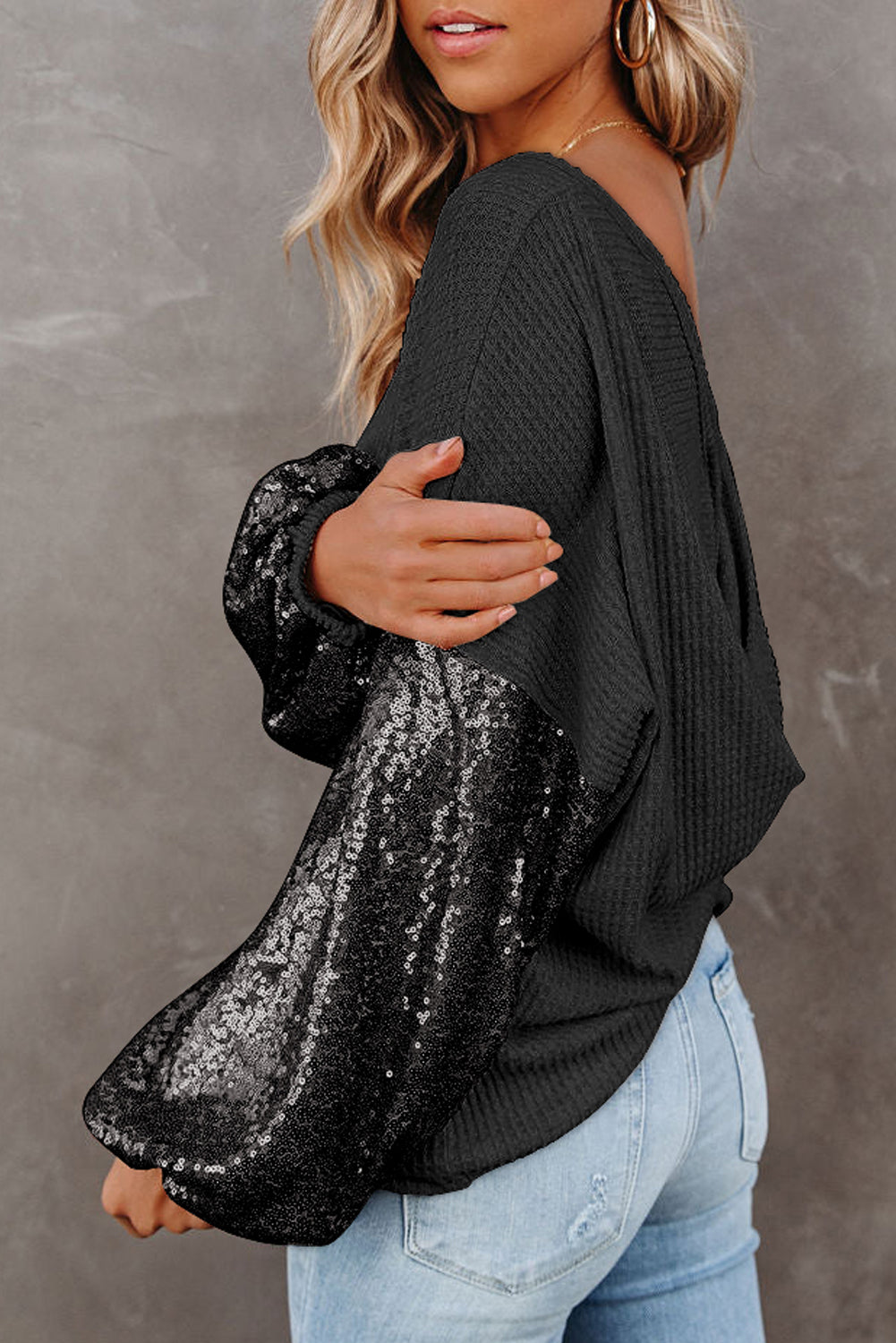 Black Sequin Patchwork Sleeve Open Back Waffle Knit Top-Tops/Long Sleeve Tops-[Adult]-[Female]-2022 Online Blue Zone Planet