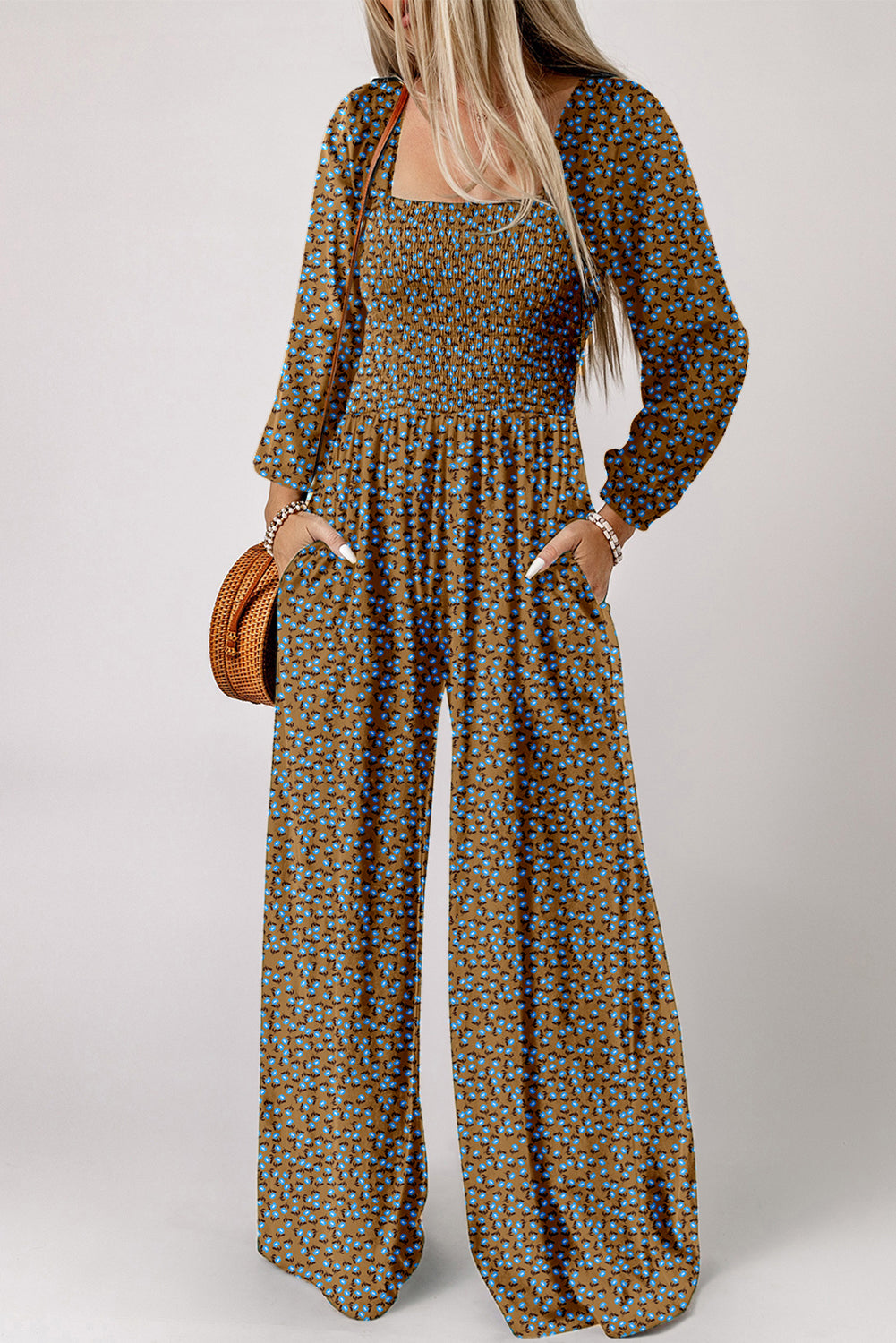Green Floral Print Western Smocked Bodice Square Neck Wide Leg Jumpsuit-Bottoms/Jumpsuits & Rompers-[Adult]-[Female]-Brown-S-2022 Online Blue Zone Planet