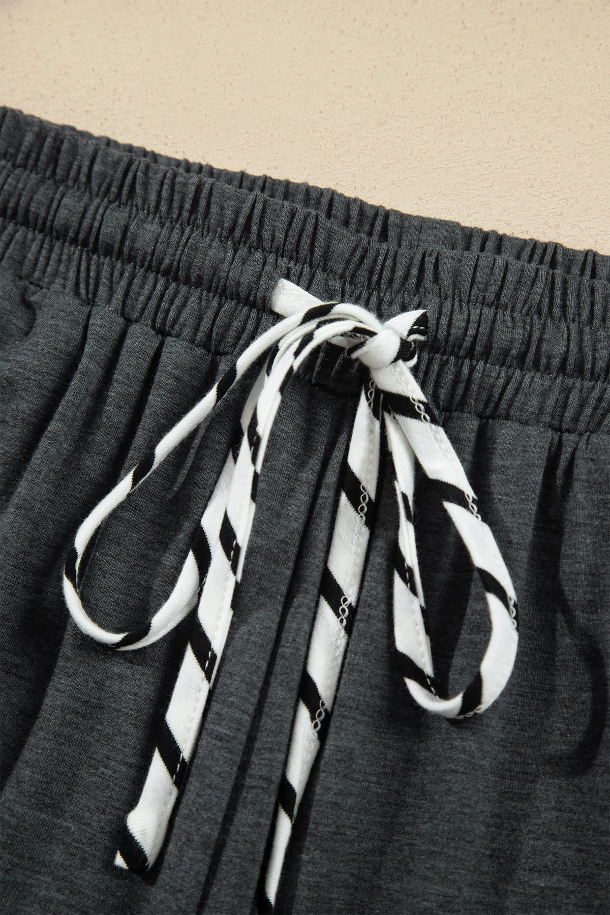 Gray Stripe V Neck Ruffle Contrast Sleeve Top Drawstring Pants 2pcs Set-Two Piece Sets/Pant Sets-[Adult]-[Female]-2022 Online Blue Zone Planet