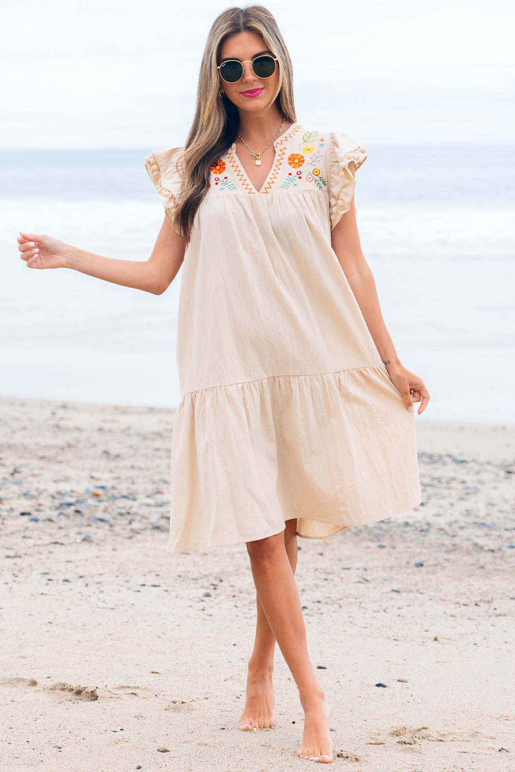Jet Stream Linen Embroidery Split Neck Pom Pom Ruffle Sleeves Flowy Short Dress-Dresses/Mini Dresses-[Adult]-[Female]-2022 Online Blue Zone Planet