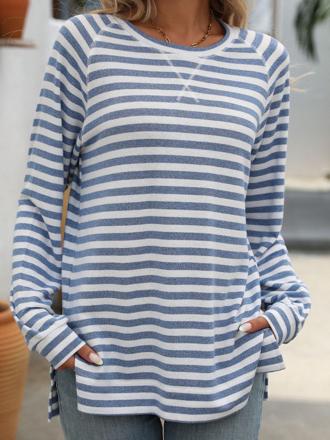 Blue Zone Planet | Mandy Striped Round Neck Long Sleeve T-Shirt-TOPS / DRESSES-[Adult]-[Female]-2022 Online Blue Zone Planet