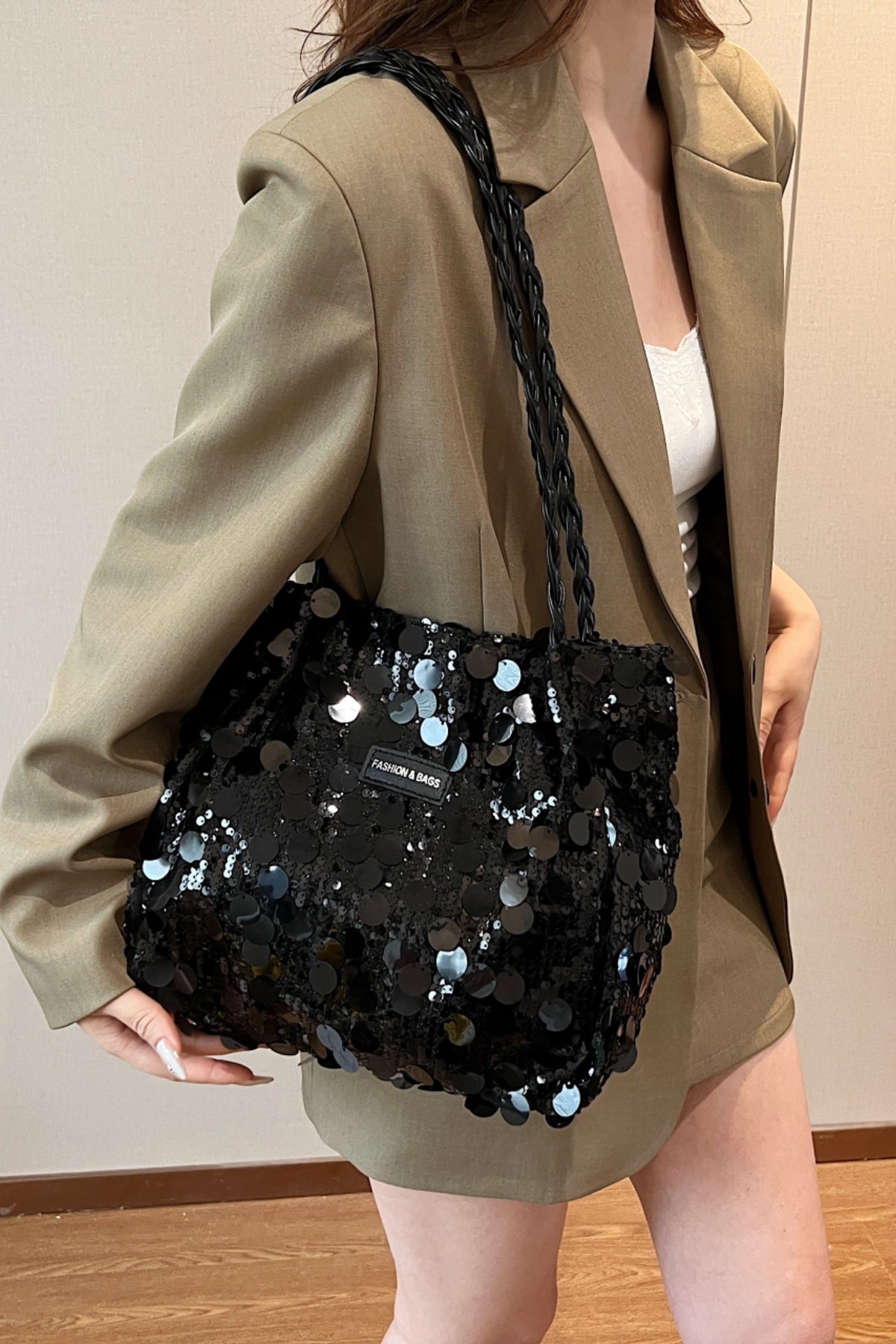 Sequin Braided Strap Shoulder Bag-HANDBAGS-[Adult]-[Female]-2022 Online Blue Zone Planet