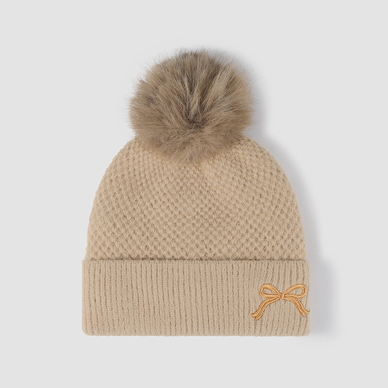 Thermal Bow Knit Hat with Pompom-HATS-[Adult]-[Female]-Tan-One Size-2022 Online Blue Zone Planet