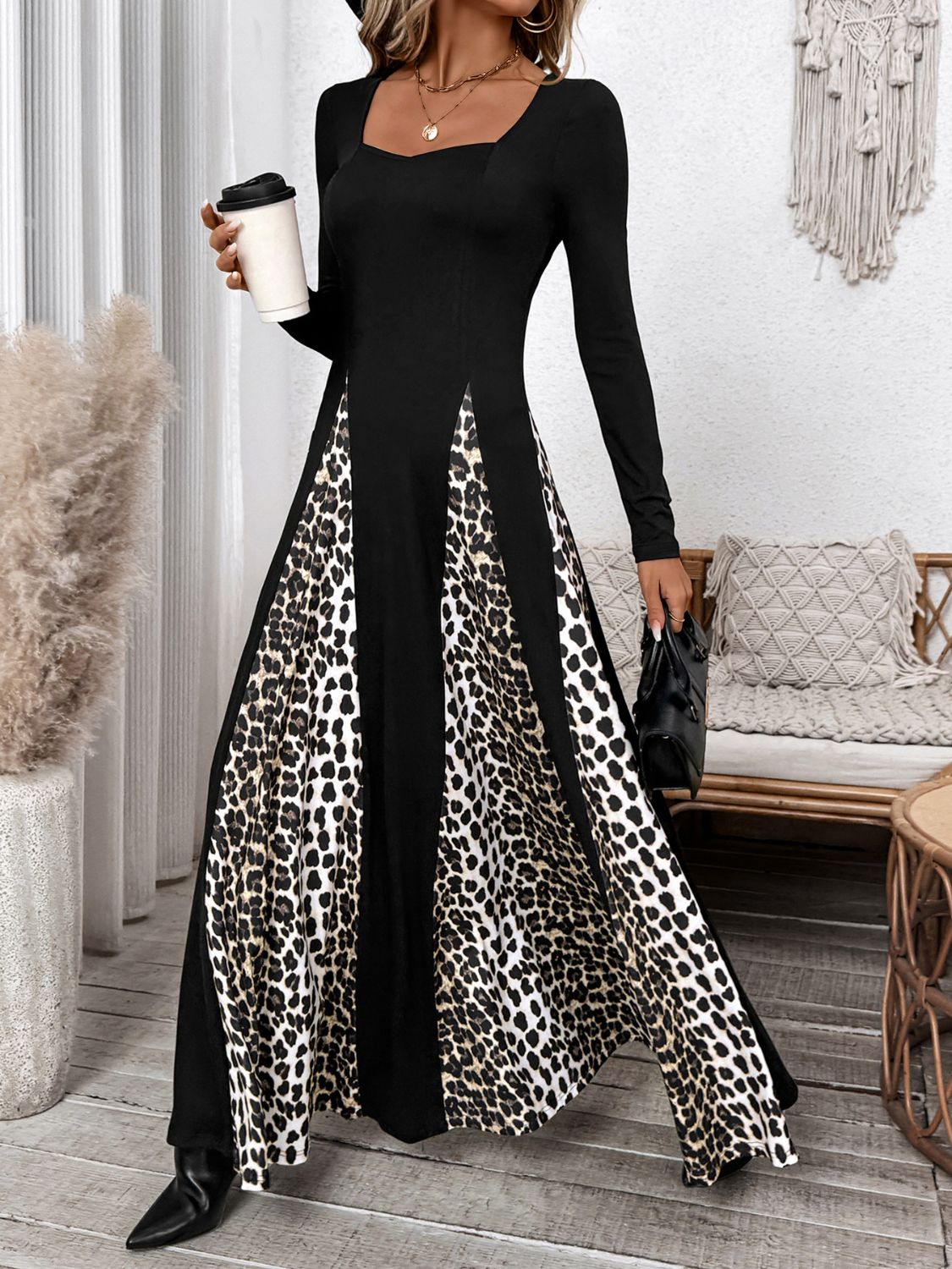 Perfee Leopard Square Neck Long Sleeve Maxi Dress-TOPS / DRESSES-[Adult]-[Female]-Black-S-2022 Online Blue Zone Planet