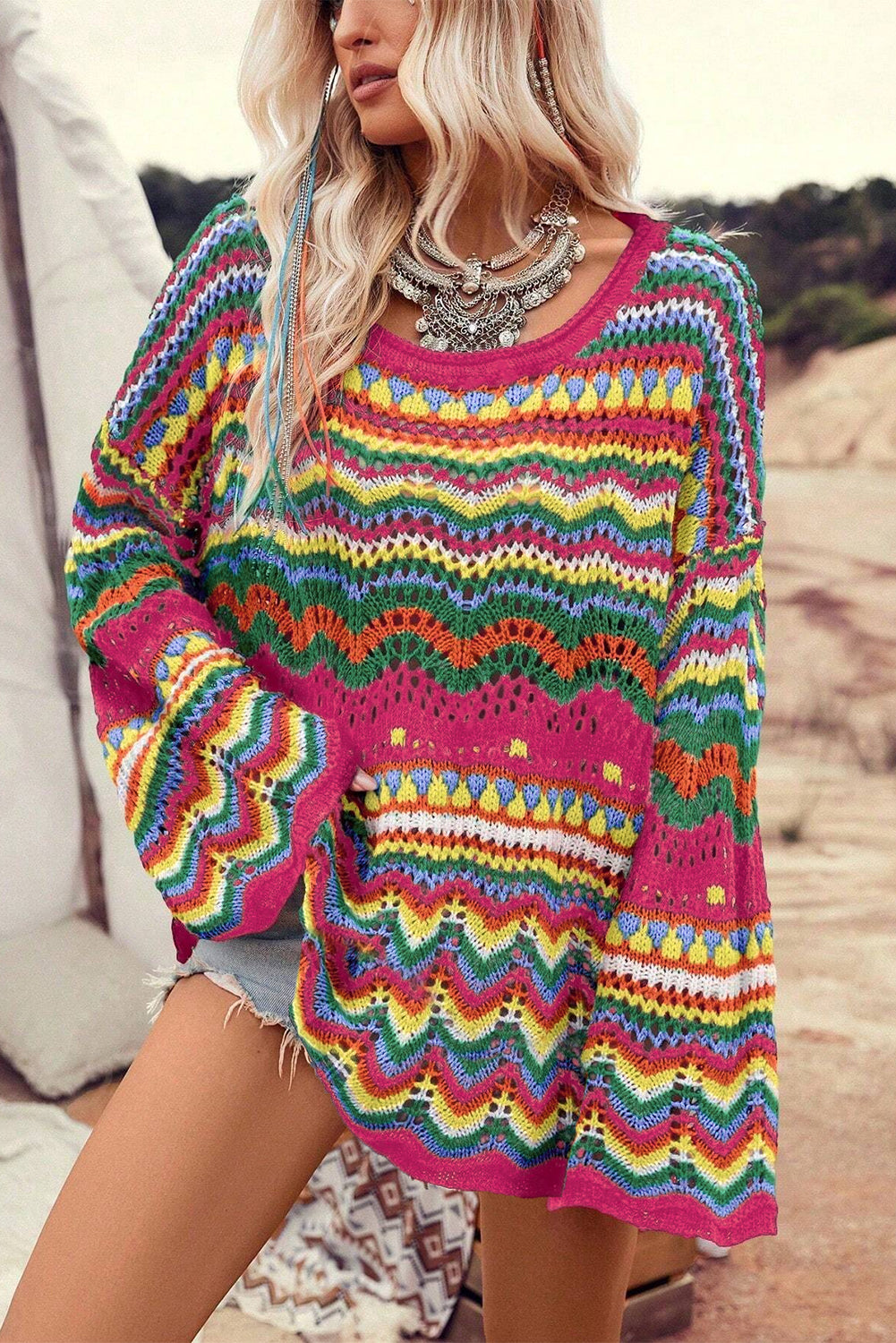 Rose Red Colorblock Striped Hollowed Knit Loose Sleeve Sweater-Sweaters & Cardigans/Sweaters-[Adult]-[Female]-Rose Red-S-2022 Online Blue Zone Planet