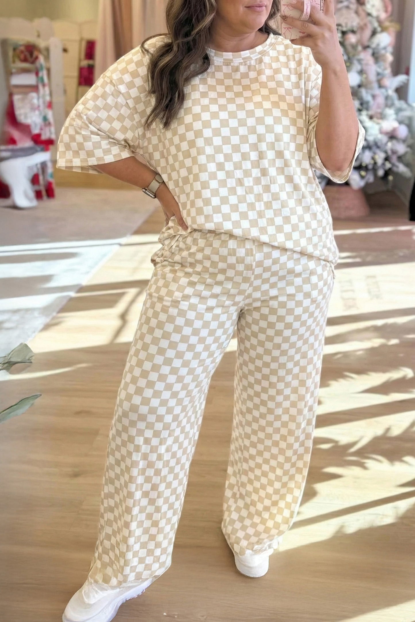 Khaki Plus Size Checkered Print Half Sleeve Tee Loose Pants Two-piece Lounge Set-Plus Size/Plus Size Bottoms-[Adult]-[Female]-Khaki-1X-2022 Online Blue Zone Planet