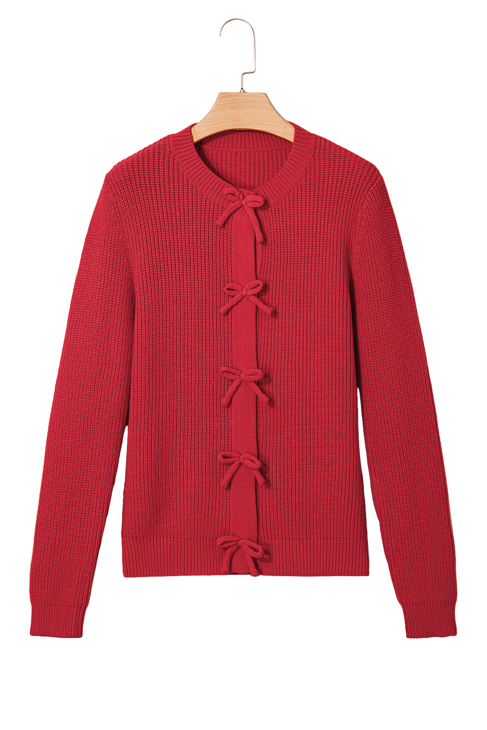 Fiery Red Ribbed Knit Bow Front Buttoned Cardigan-Sweaters & Cardigans/Cardigans-[Adult]-[Female]-2022 Online Blue Zone Planet