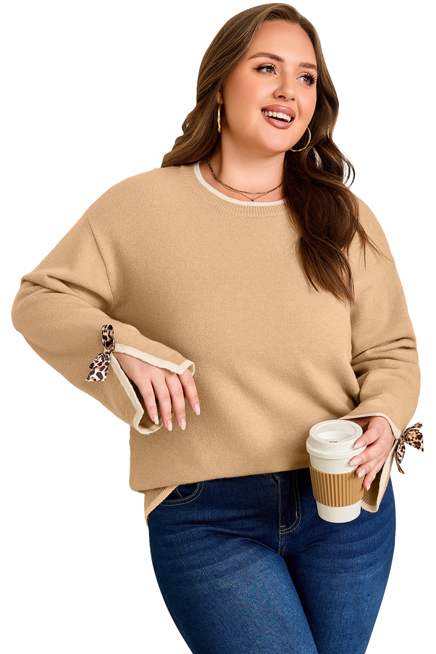 Tan Plus Size Leopard Bow Decor Split Cuffs Loose Sweater-Plus Size/Plus Size Sweaters & Cardigans-[Adult]-[Female]-2022 Online Blue Zone Planet