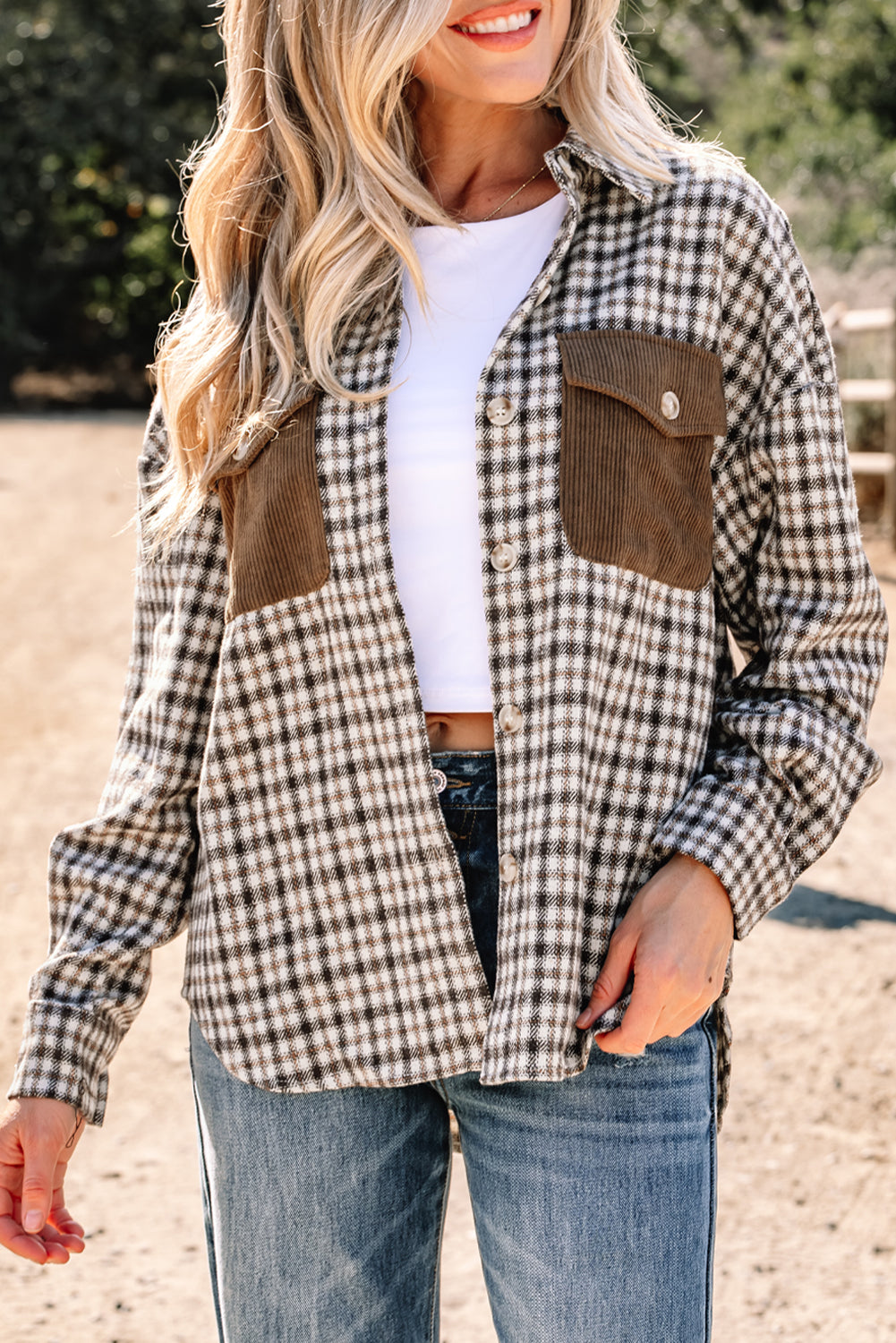 Casual Contrast Corduroy Flap Pocket Patchwork Plaid Shacket-Outerwear/Plaid Shackets-[Adult]-[Female]-2022 Online Blue Zone Planet