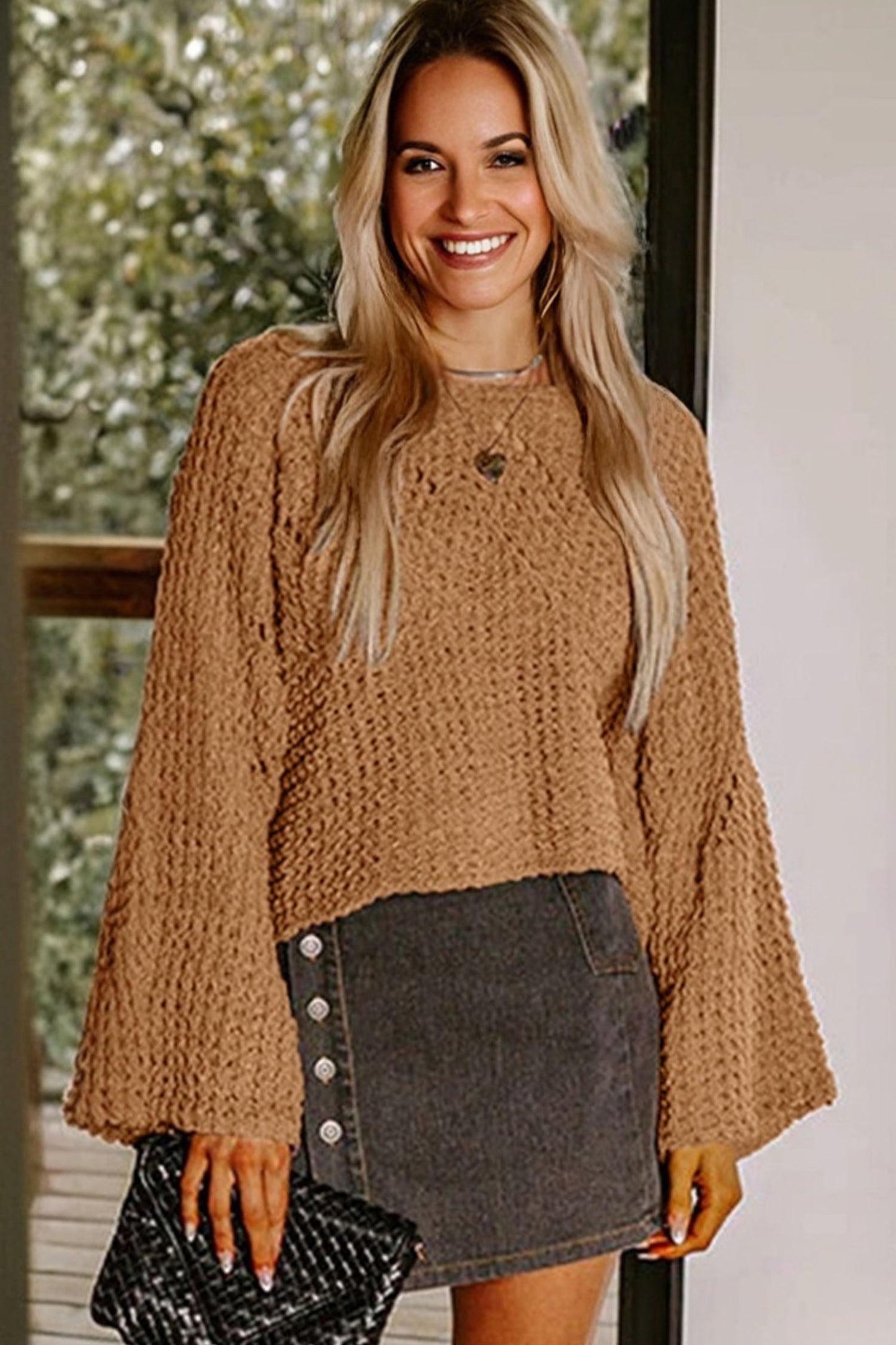 Camel Hollowed Detail Wide Sleeve Loose Pullover Sweater-TOPS / DRESSES-[Adult]-[Female]-2022 Online Blue Zone Planet