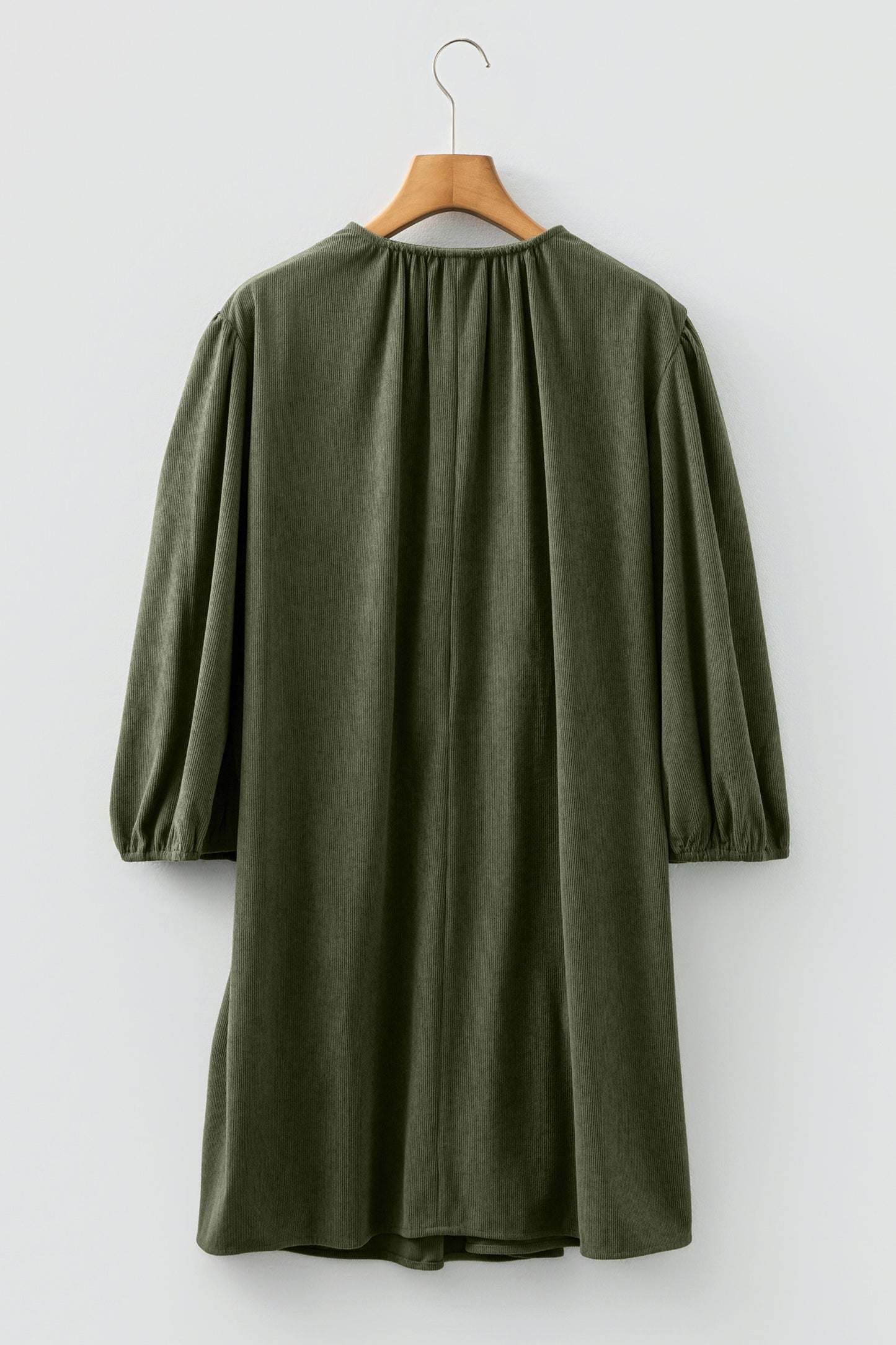 Moss Green Bracelet Sleeve Split Neck Scallop Detail Pleated Corduroy Mini Dress-TOPS / DRESSES-[Adult]-[Female]-2022 Online Blue Zone Planet