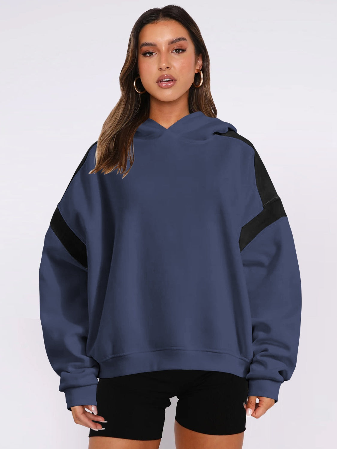 Contrast Dropped Shoulder Long Sleeve Hoodie-TOPS / DRESSES-[Adult]-[Female]-Peacock Blue-S-2022 Online Blue Zone Planet