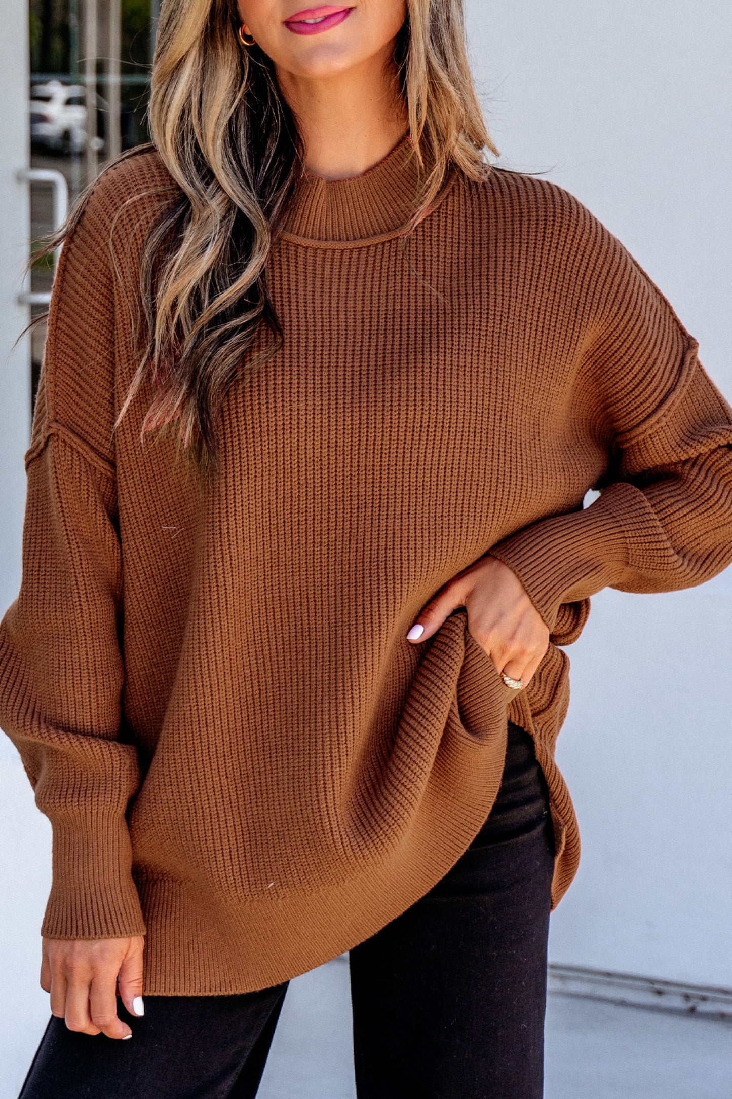 Chestnut Solid Color Mock Neck Oversized Tunic Sweater-TOPS / DRESSES-[Adult]-[Female]-2022 Online Blue Zone Planet
