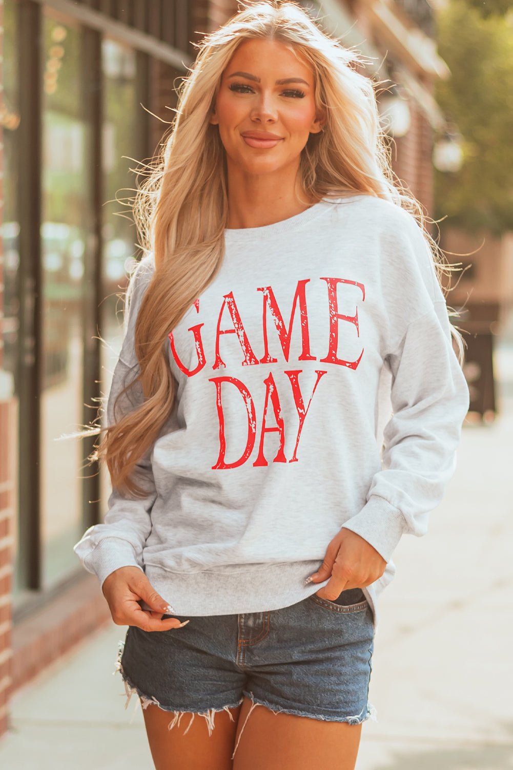 Red Vintage Washed Game Day Graphic Baggy Sweatshirt-Tops/Sweatshirts & Hoodies-[Adult]-[Female]-2022 Online Blue Zone Planet