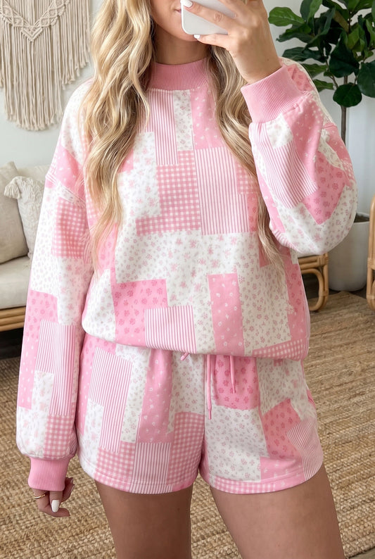 Light Pink Patchwork Floral Print Drop Shoulder Baggy Pullover Drawstring Shorts Set-Two Piece Sets/Short Sets-[Adult]-[Female]-Light Pink-S-2022 Online Blue Zone Planet