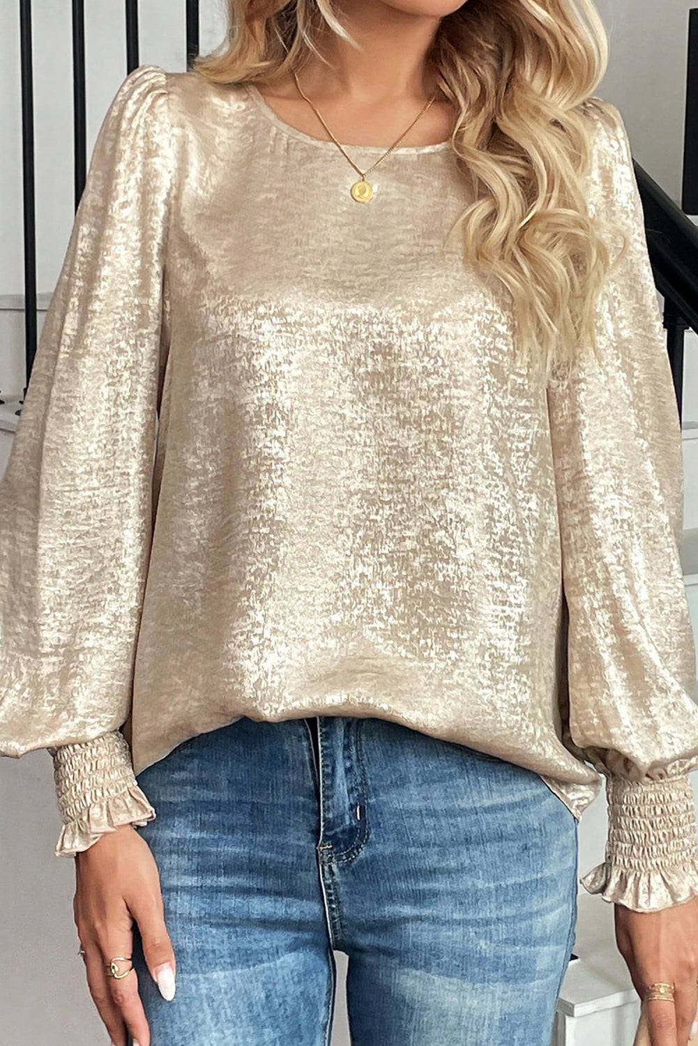Apricot Metallic Round Neck Smocked Long Sleeve Blouse-Tops/Blouses & Shirts-[Adult]-[Female]-2022 Online Blue Zone Planet