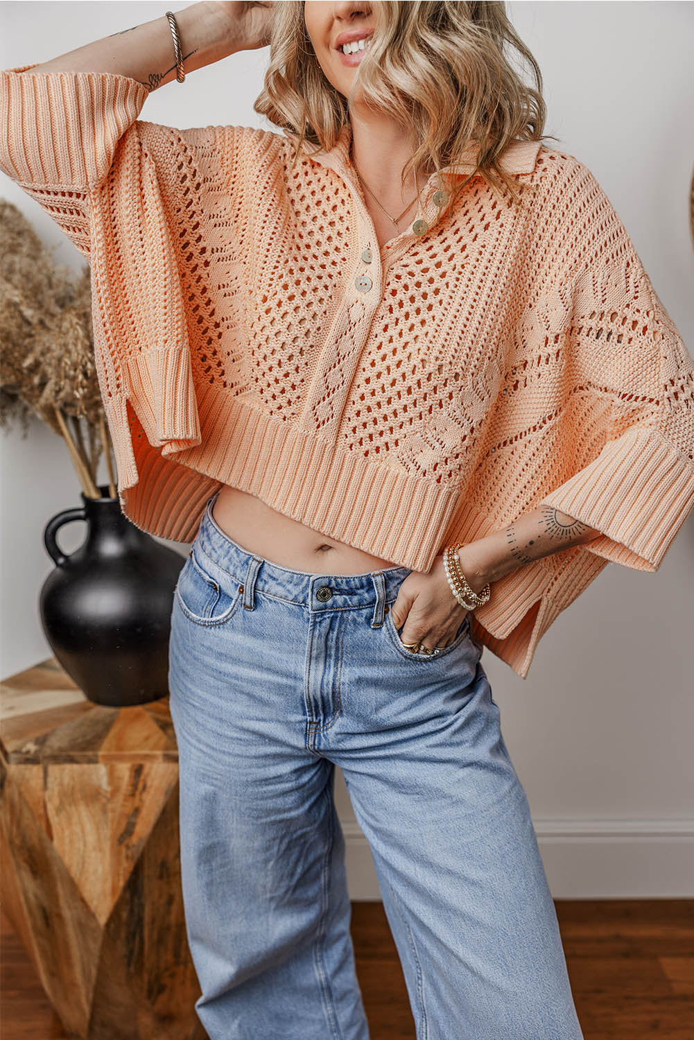 Blue Zone Planet | Apricot Pink Hollowed Knit 3/4 Dolman Sleeve Buttoned Collared Sweater-Sweaters & Cardigans/Cardigans-[Adult]-[Female]-2022 Online Blue Zone Planet