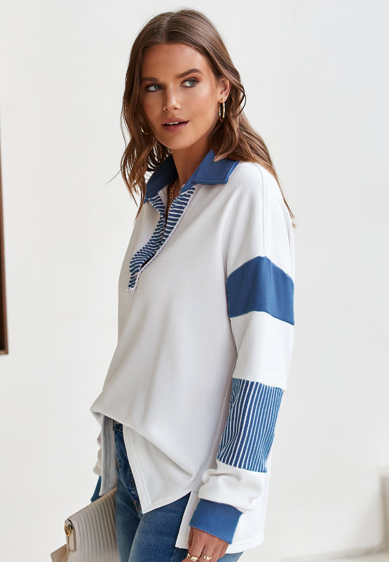 Color Block Johnny Collar Long Sleeve Sweatshirt-TOPS / DRESSES-[Adult]-[Female]-2022 Online Blue Zone Planet