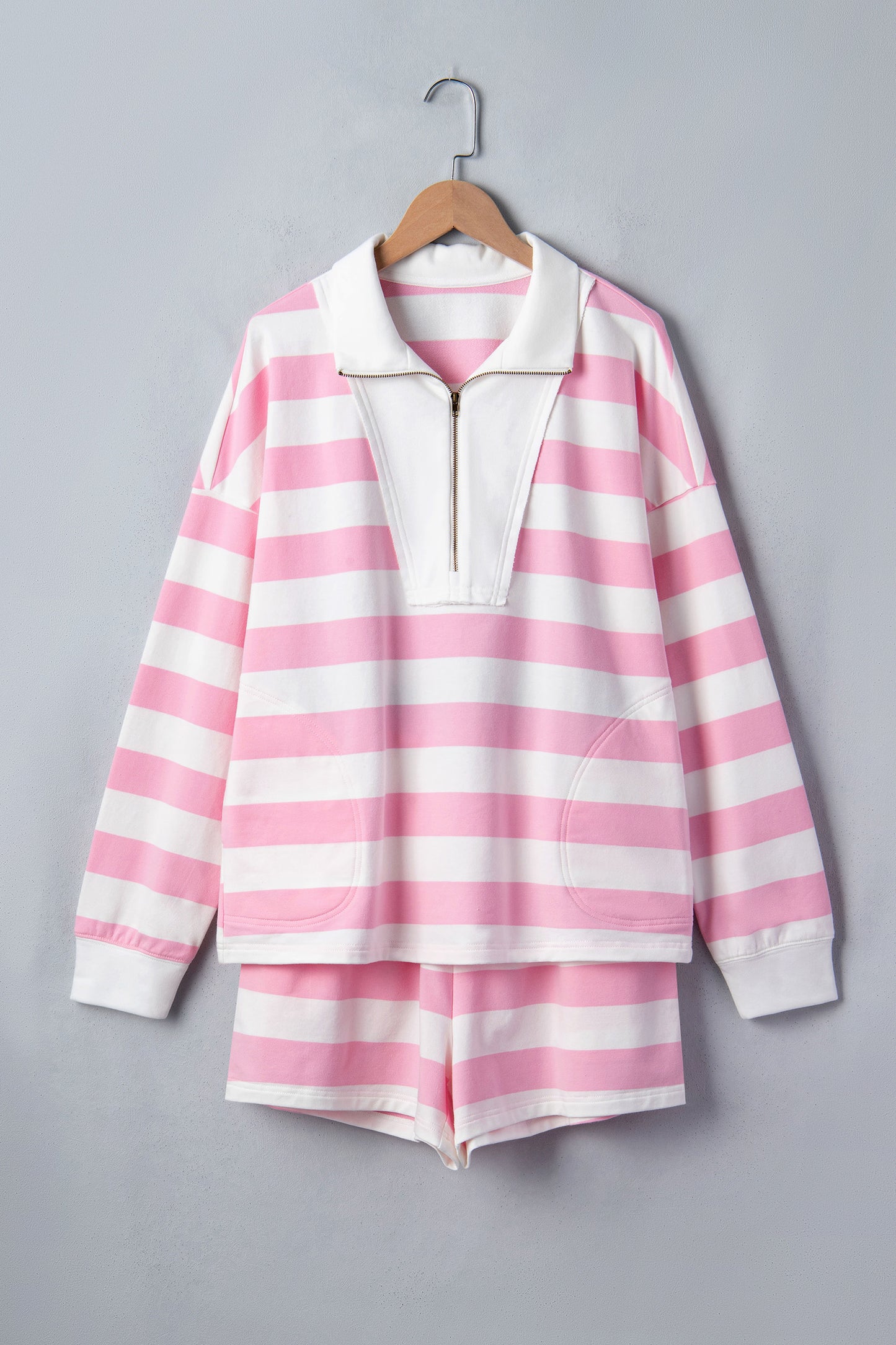 Pink Stripe Patchwork Zipper Pullover Elastic Waist Shorts 2pcs Set-Two Piece Sets/Short Sets-[Adult]-[Female]-2022 Online Blue Zone Planet