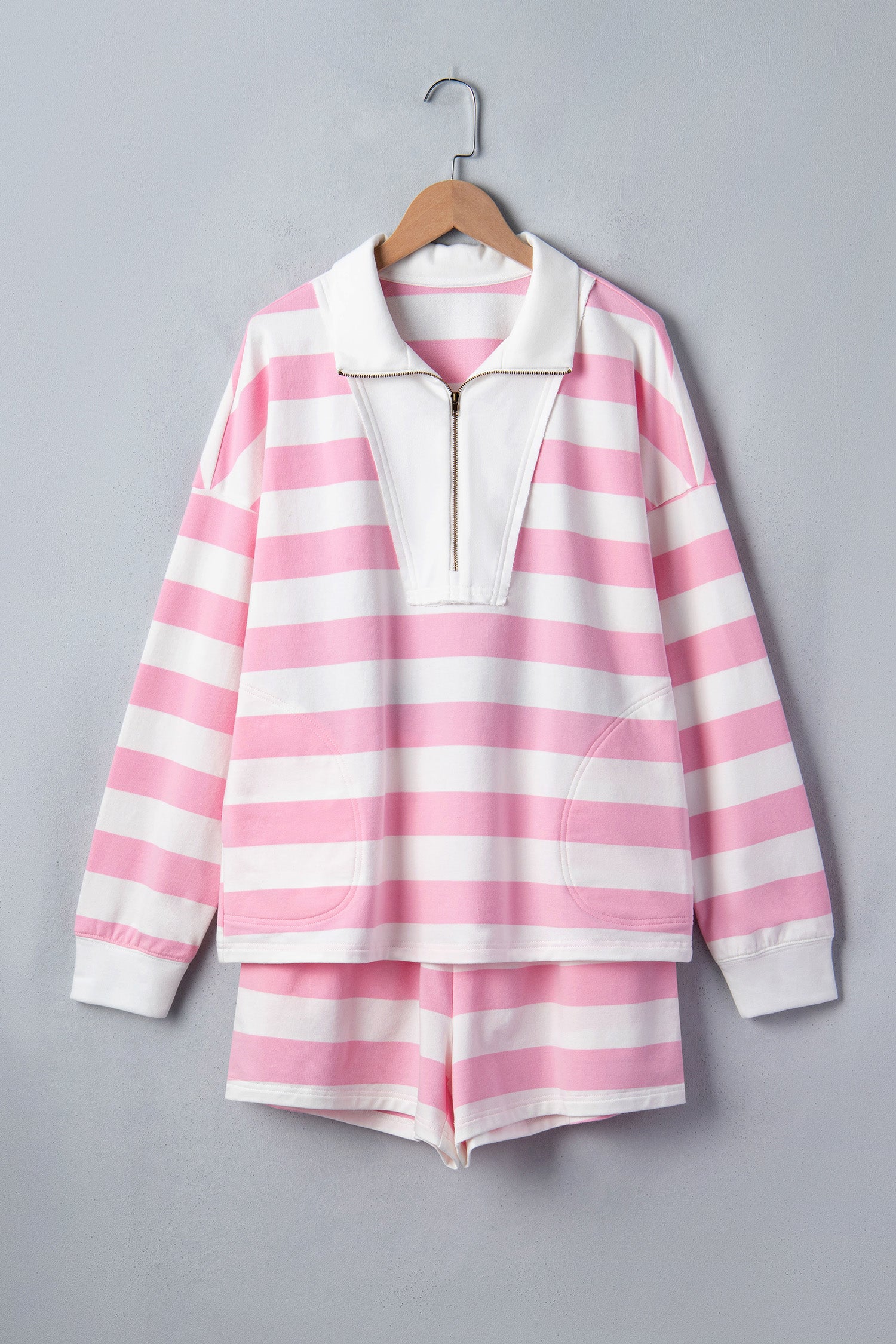 Pink Stripe Patchwork Zipper Pullover Elastic Waist Shorts 2pcs Set-Two Piece Sets/Short Sets-[Adult]-[Female]-2022 Online Blue Zone Planet