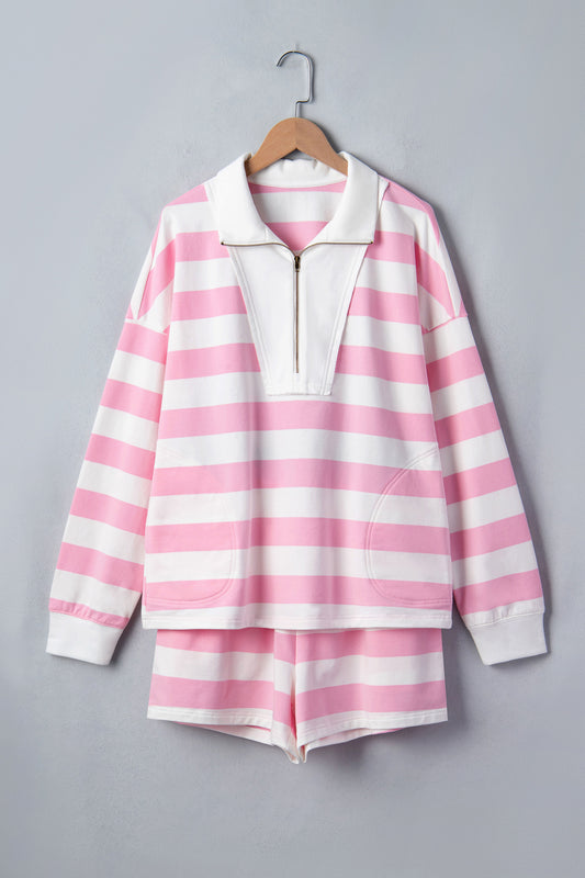 Pink Stripe Patchwork Zipper Pullover Elastic Waist Shorts 2pcs Set-Two Piece Sets/Short Sets-[Adult]-[Female]-2022 Online Blue Zone Planet