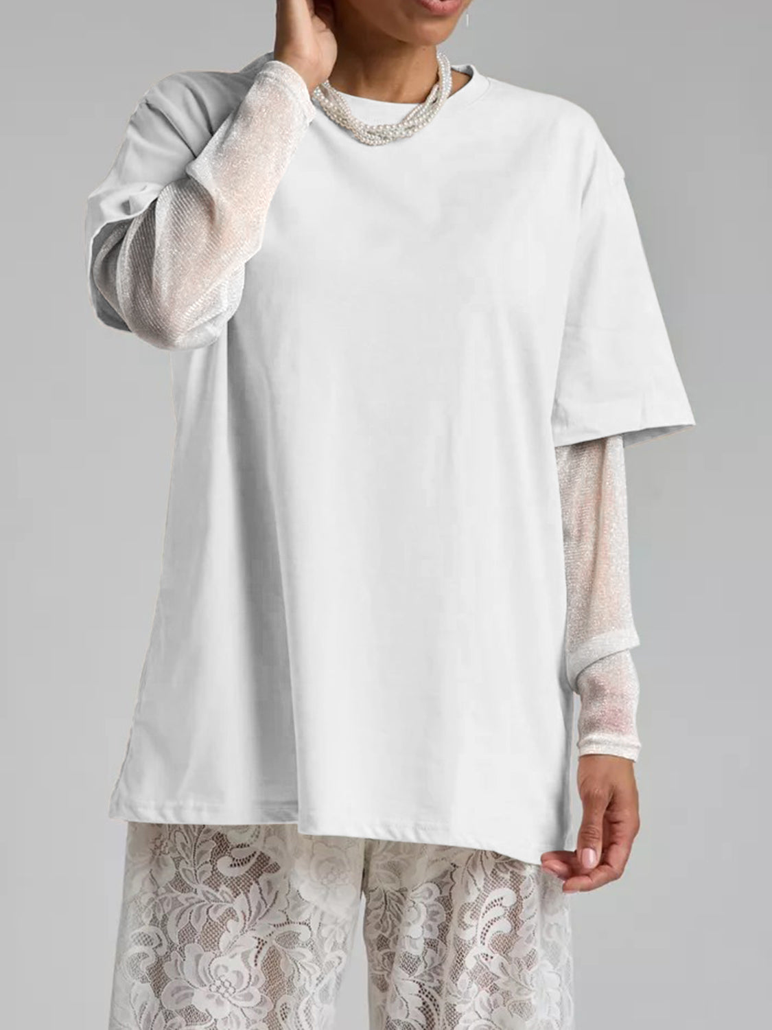 Faux Layered Round Neck Mesh Sleeve Top-TOPS / DRESSES-[Adult]-[Female]-White-S-2022 Online Blue Zone Planet