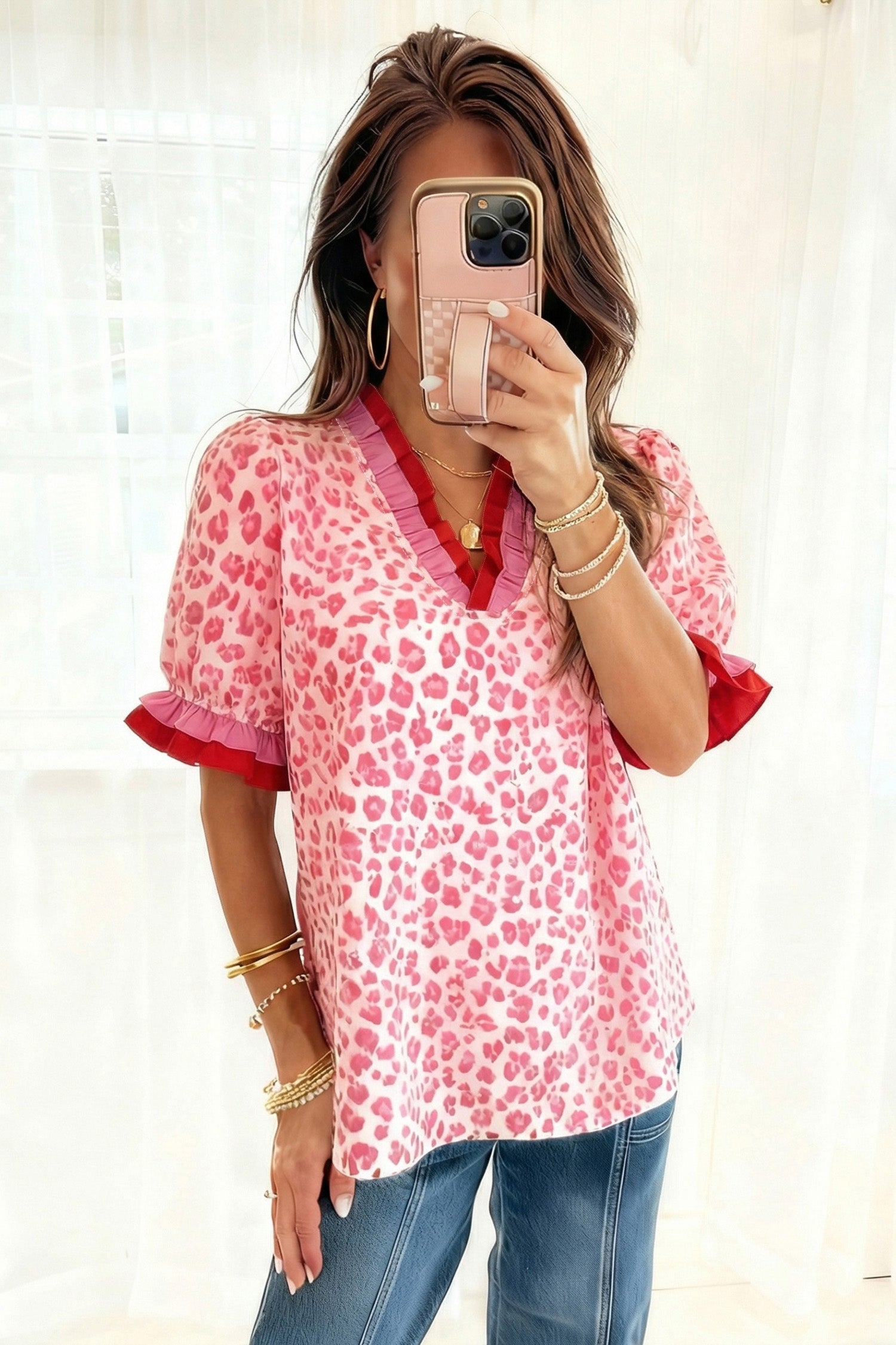 Pink Stripe Ruffled Trim V Neck Leopard Print Short Sleeve Blouse-Tops/Blouses & Shirts-[Adult]-[Female]-2022 Online Blue Zone Planet