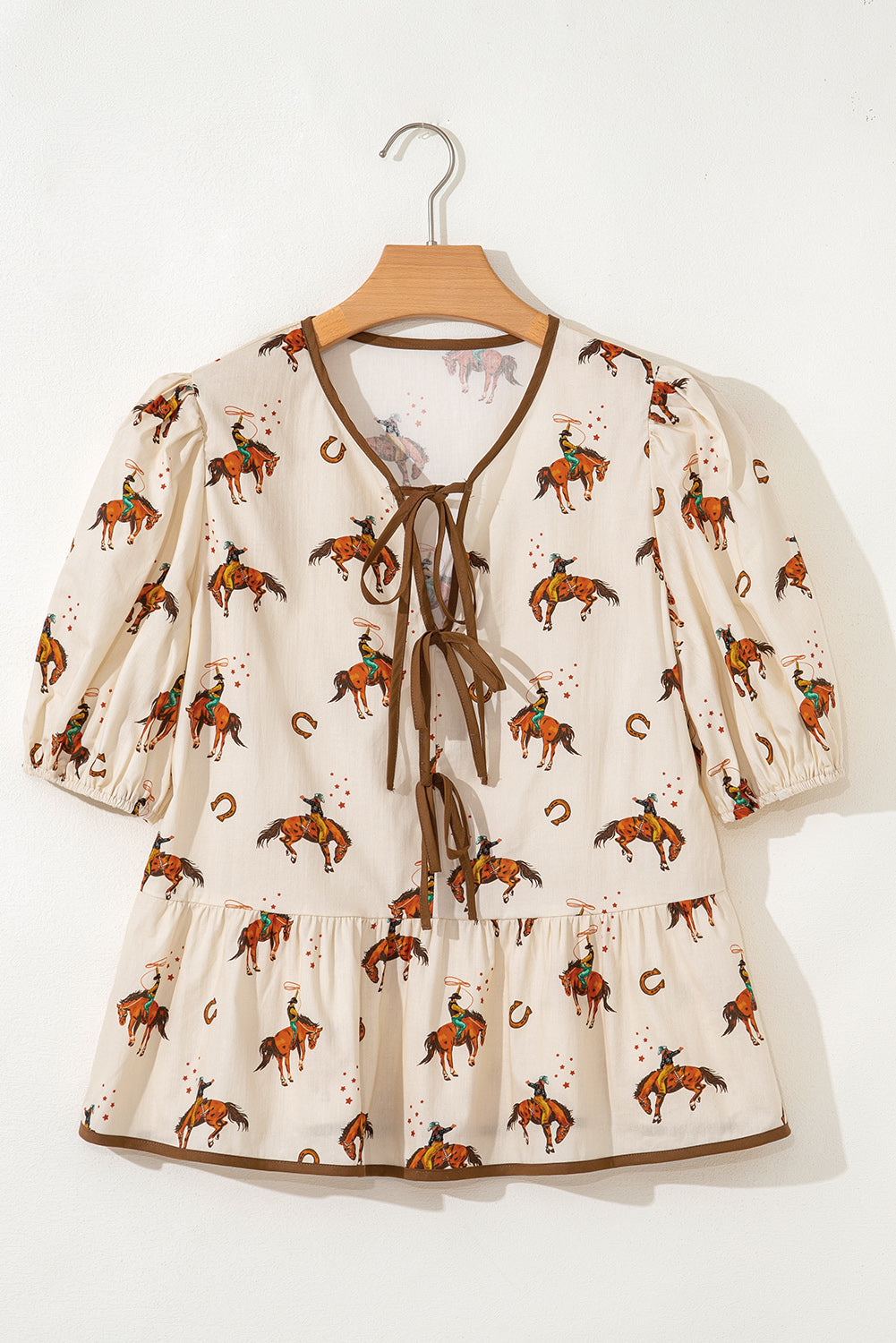 Apricot Cowboy Print Puff Sleeve Bowknot Peplum Blouse-Tops/Blouses & Shirts-[Adult]-[Female]-2022 Online Blue Zone Planet
