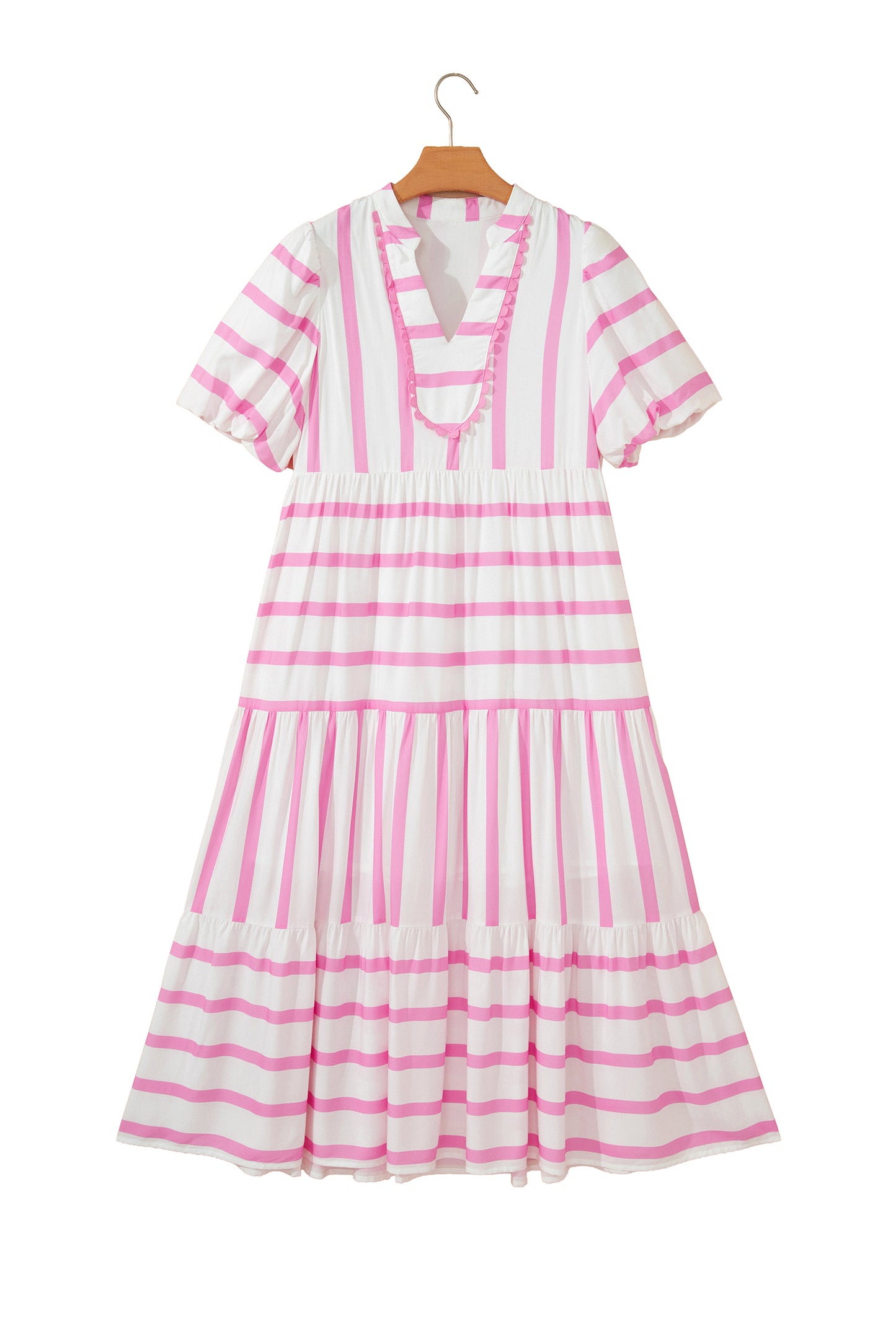 Pink Stripe Ricrac Trim Notched Neck Half Sleeve Vacation Dress-TOPS / DRESSES-[Adult]-[Female]-2022 Online Blue Zone Planet