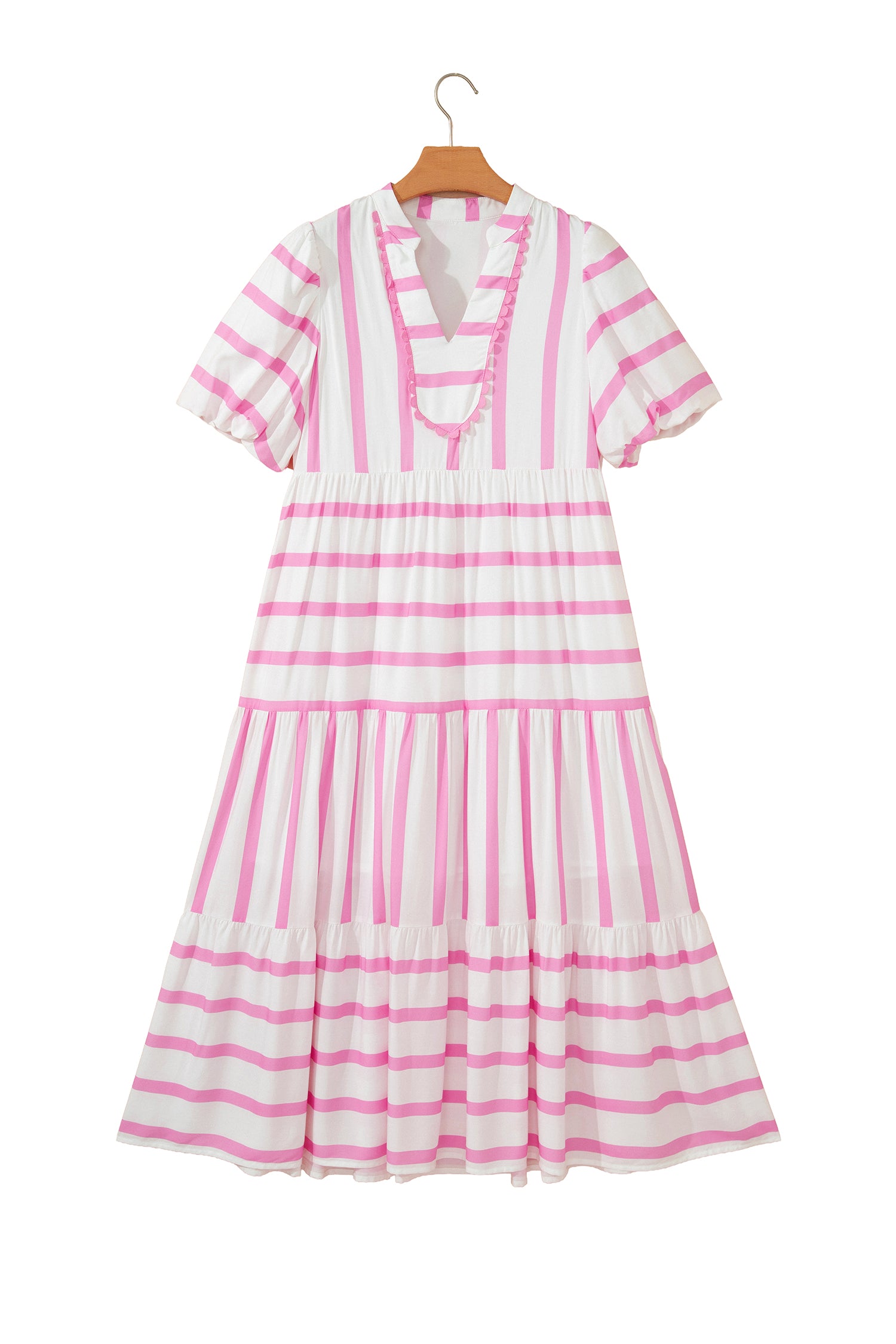 Pink Stripe Ricrac Trim Notched Neck Half Sleeve Vacation Dress-TOPS / DRESSES-[Adult]-[Female]-2022 Online Blue Zone Planet