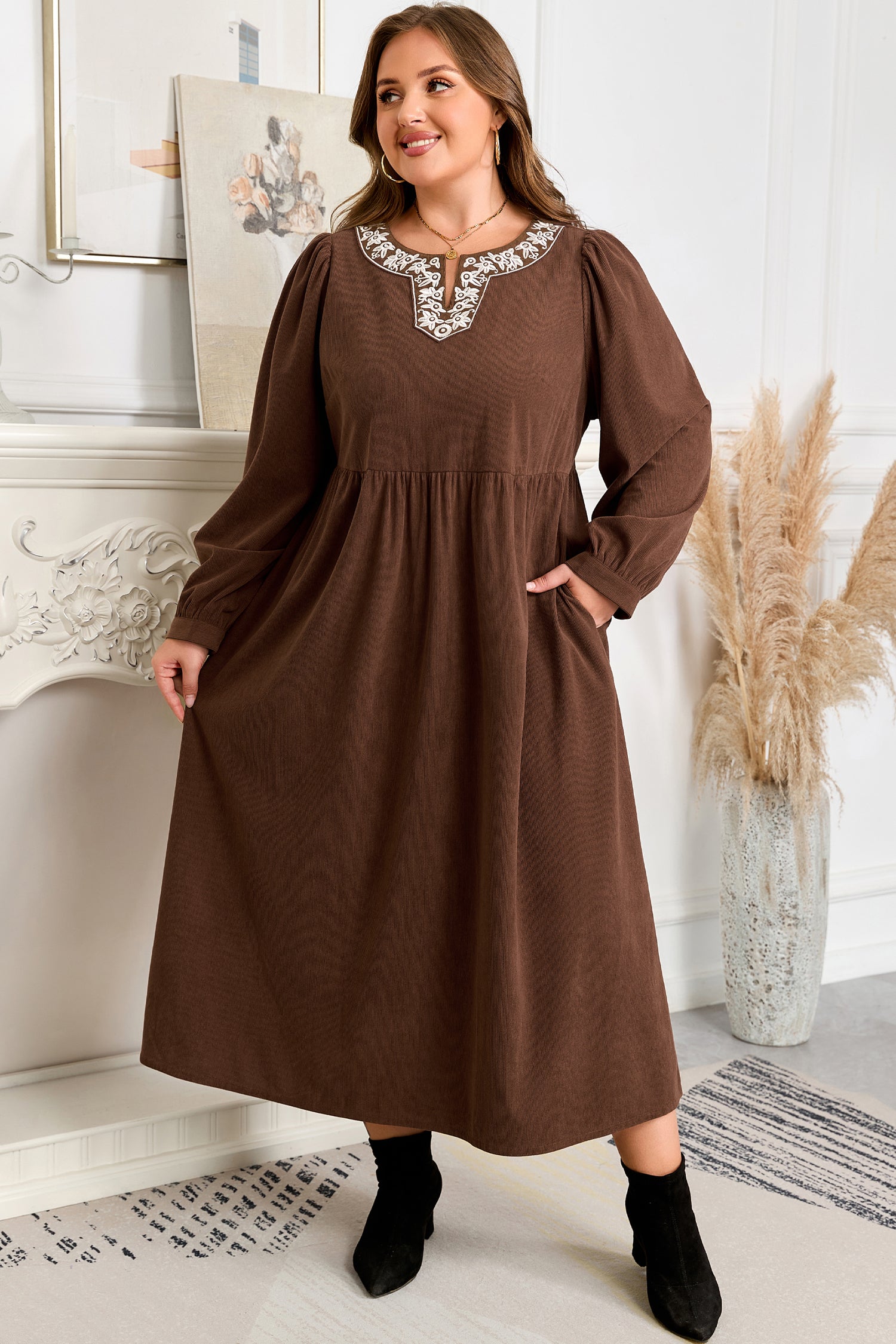 Coffee Embroidered Notched Neckline Textured Pleated High Waist Plus Size Midi Dress-TOPS / DRESSES-[Adult]-[Female]-2022 Online Blue Zone Planet