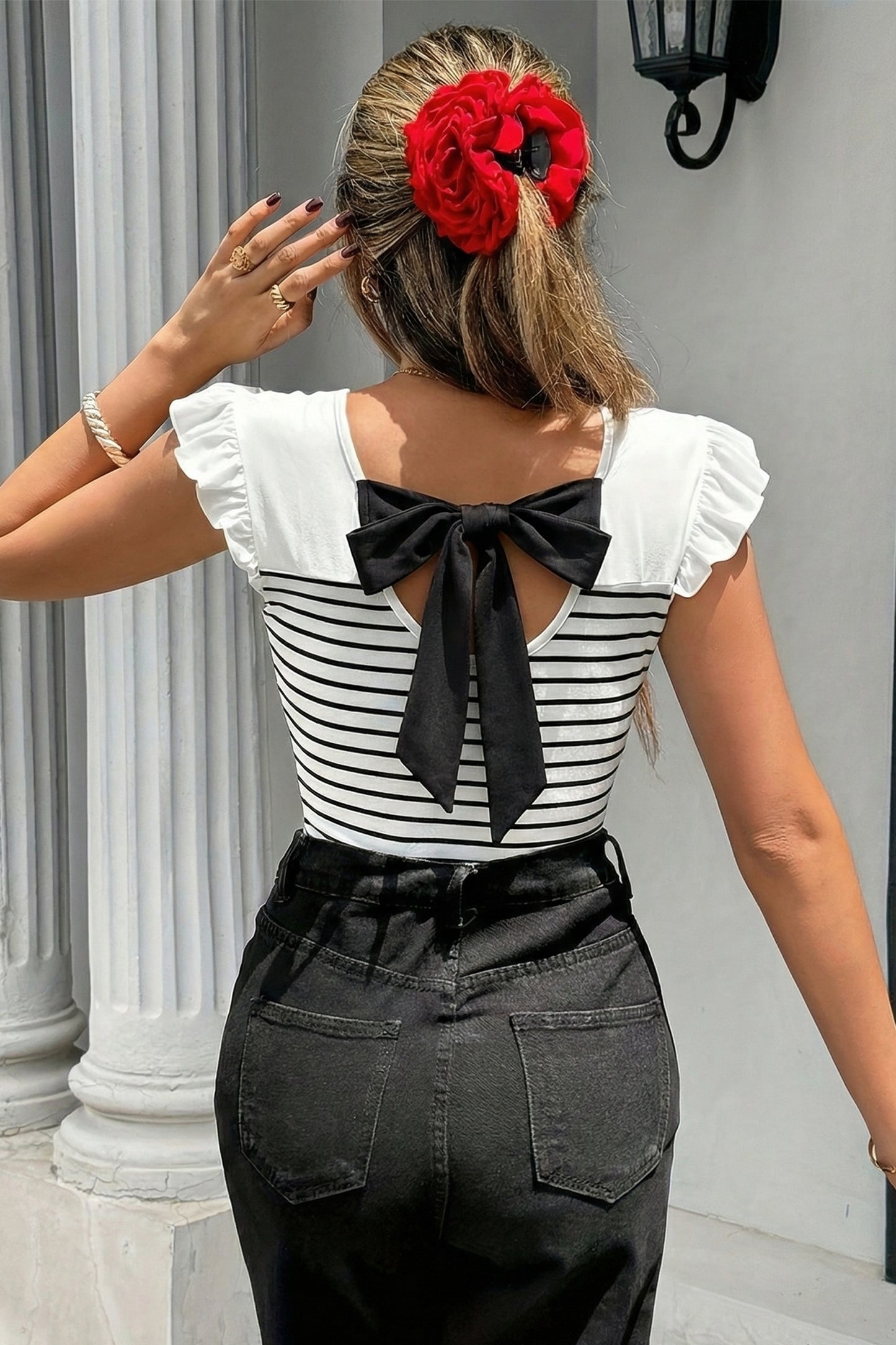 White Stripe Contrast Knot Back Ruffle Trim Tank Top-Tops/Tank Tops-[Adult]-[Female]-2022 Online Blue Zone Planet