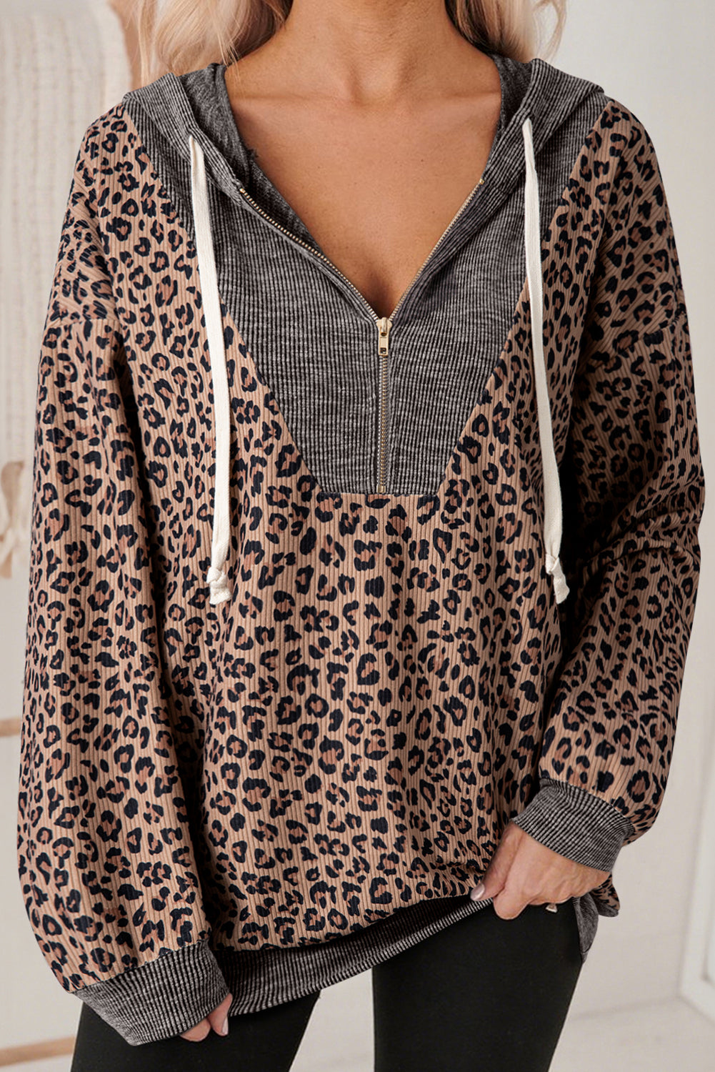 Khaki Ribbed Leopard Print Contrast Collar Zip Hooded Pullover Sweatshirt-Tops / Dresses-[Adult]-[Female]-Khaki-S-2022 Online Blue Zone Planet