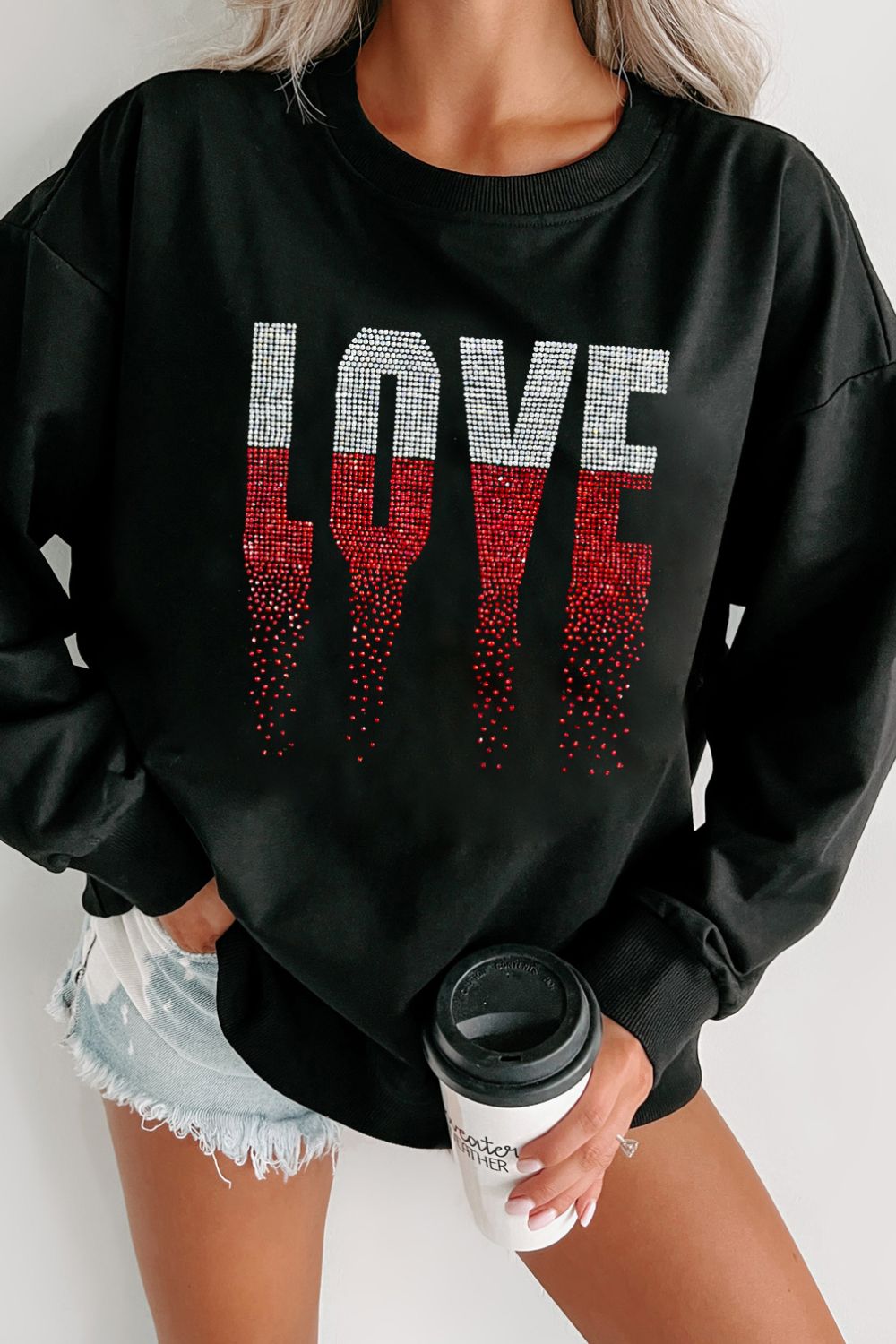 Rhinestone LOVE Round Neck Long Sleeve Sweatshirt-TOPS / DRESSES-[Adult]-[Female]-Black-S-2022 Online Blue Zone Planet