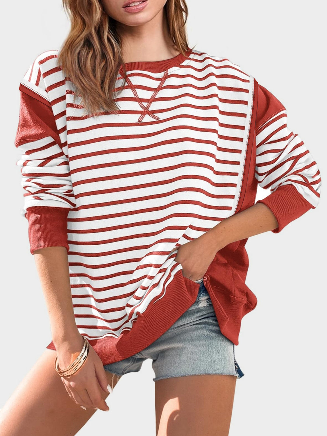 Slit Exposed Seam Striped Long Sleeve Sweatshirt-TOPS / DRESSES-[Adult]-[Female]-2022 Online Blue Zone Planet