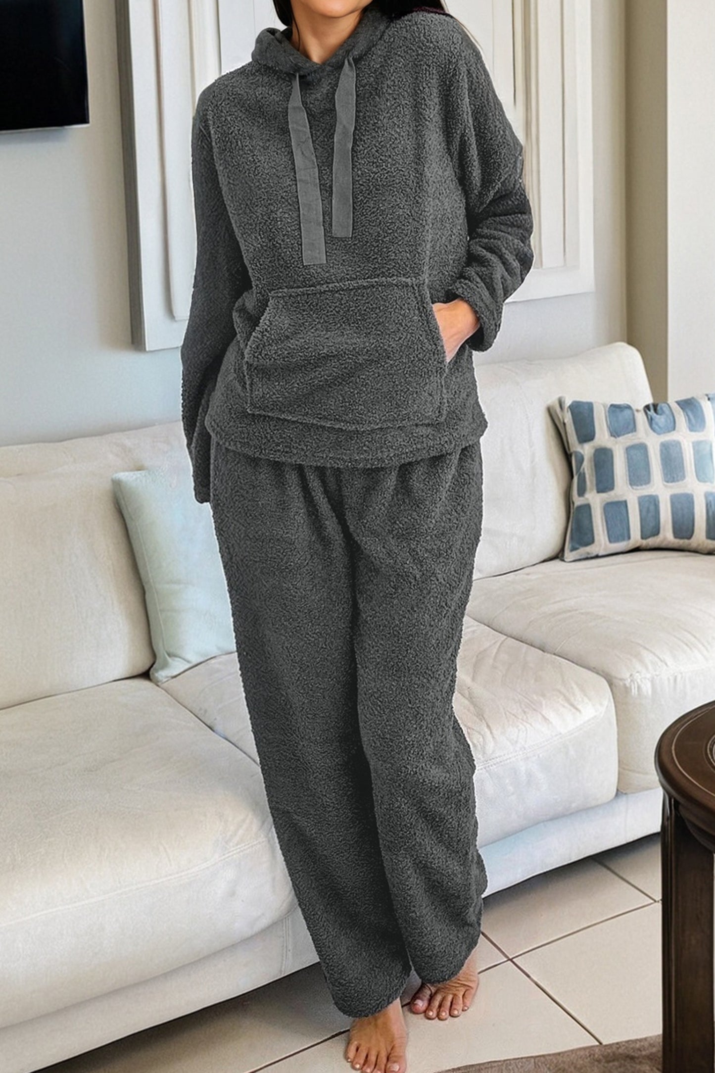 Medium Grey Fuzzy Drawstring Hoodie Lounge Pants 2pcs Set-Tops / Dresses-[Adult]-[Female]-2022 Online Blue Zone Planet
