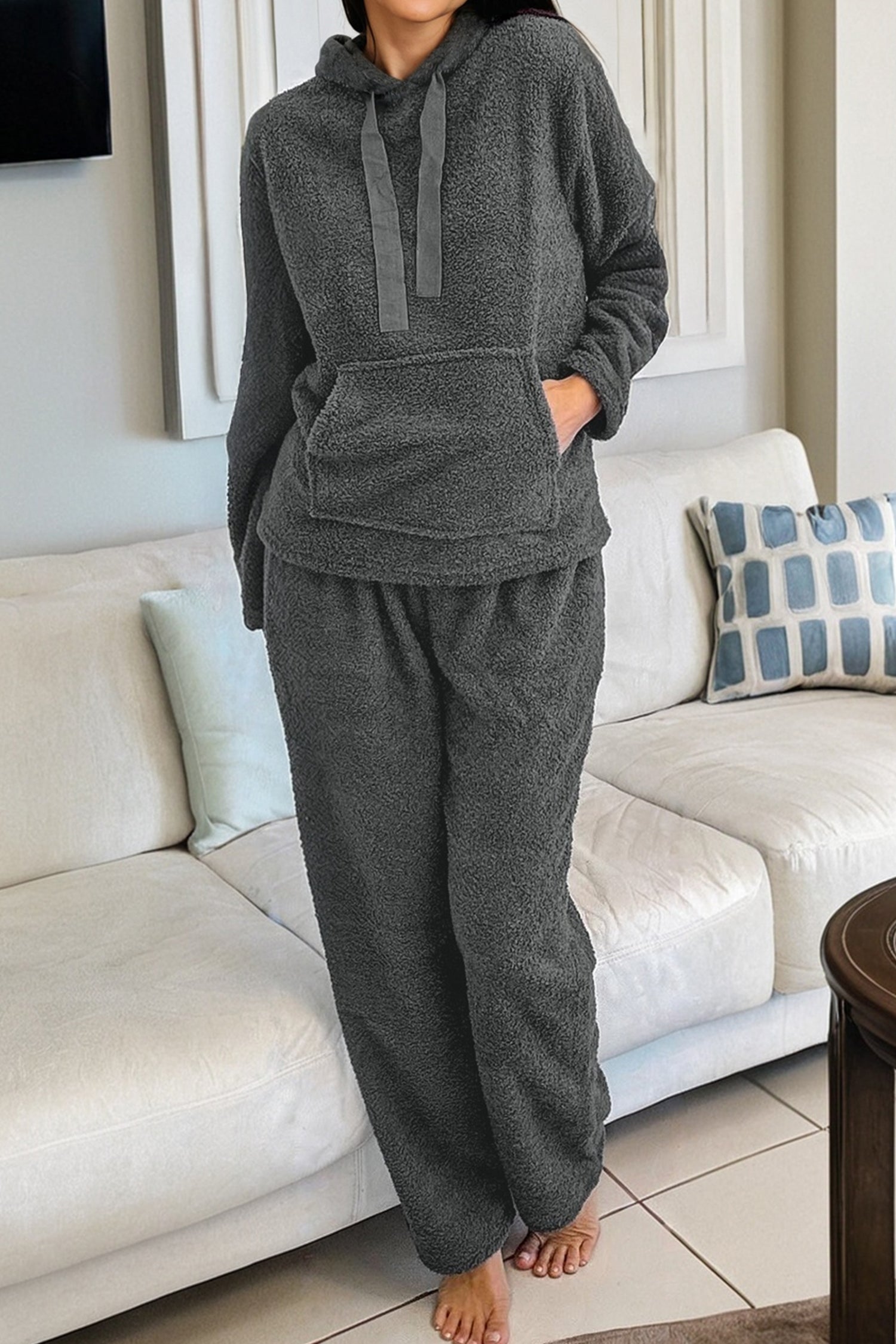 Medium Grey Fuzzy Drawstring Hoodie Lounge Pants 2pcs Set-Tops / Dresses-[Adult]-[Female]-2022 Online Blue Zone Planet