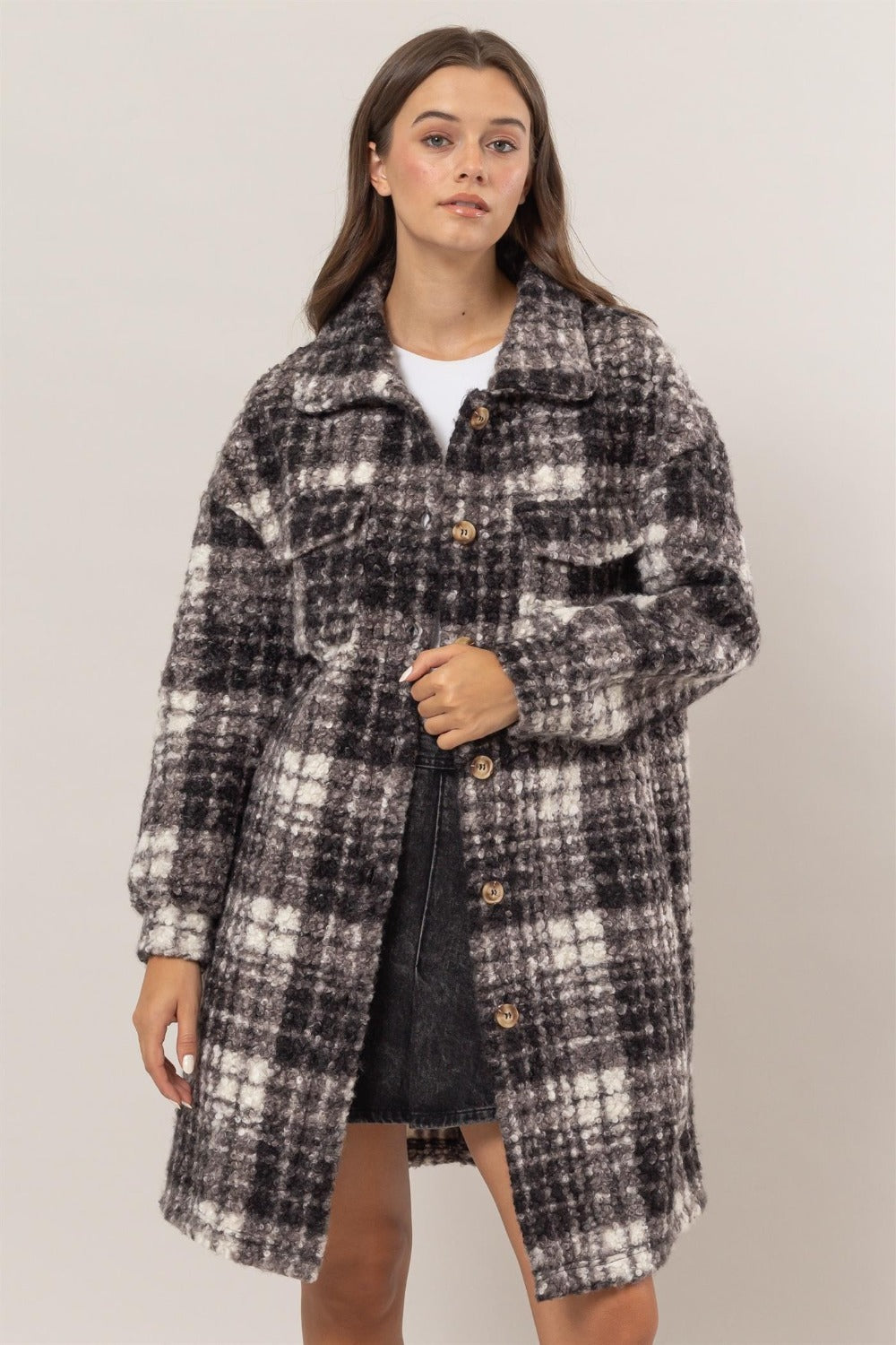 Blue Zone Planet | HYFVE Plaid Button Down Longline Shacket-TOPS / DRESSES-[Adult]-[Female]-Black-S-2022 Online Blue Zone Planet