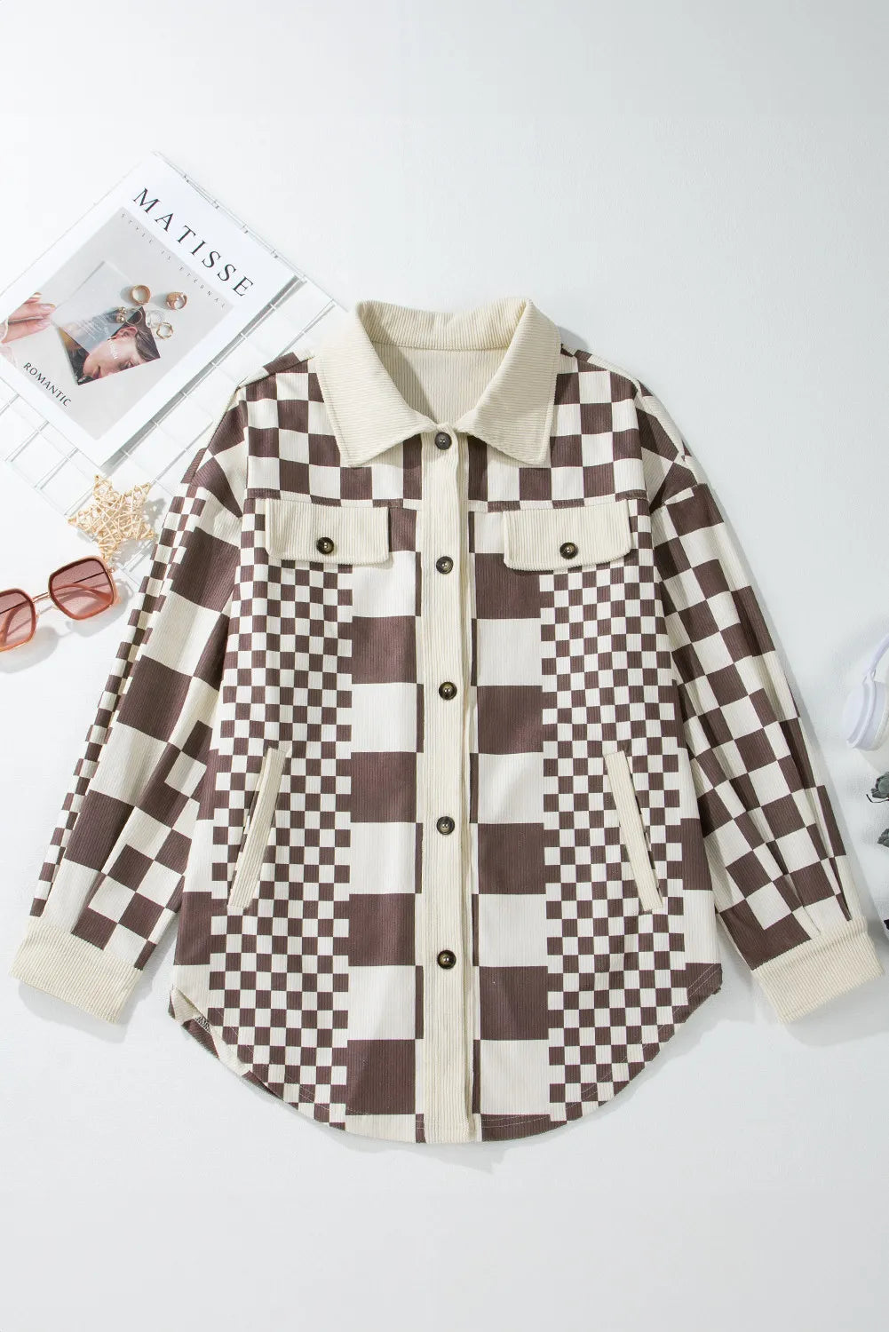 Pocketed Checkered Button Up Long Sleeve Jacket-TOPS / DRESSES-[Adult]-[Female]-2022 Online Blue Zone Planet