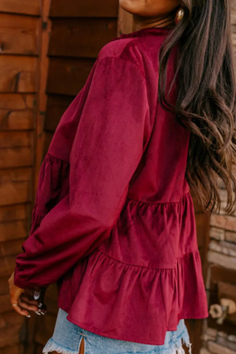 Peplum Round Neck Long Sleeve Shirt-TOPS / DRESSES-[Adult]-[Female]-2022 Online Blue Zone Planet