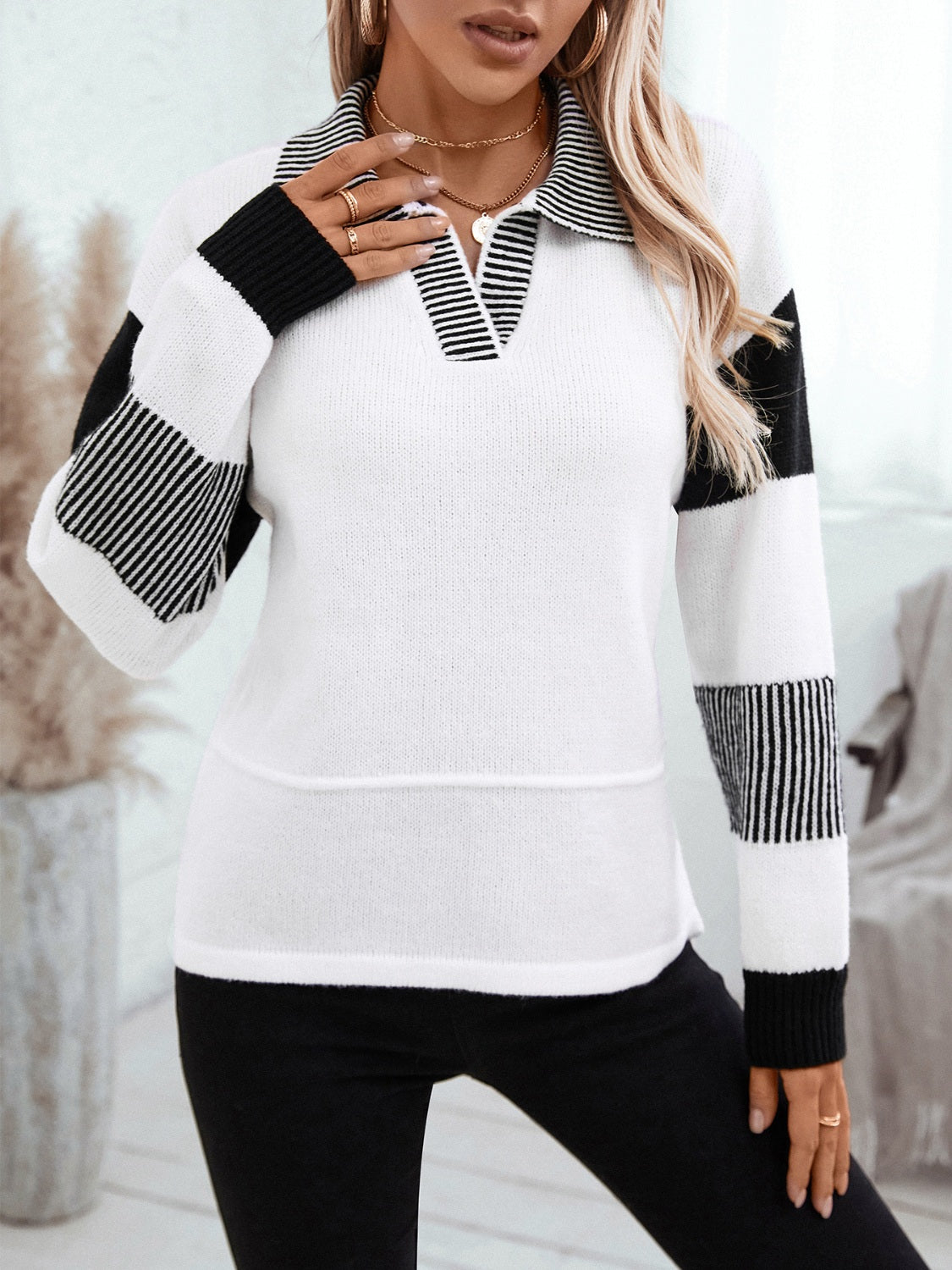 Blue Zone Planet | Striped Johnny Collar Drop Shoulder Sweater-TOPS / DRESSES-[Adult]-[Female]-2022 Online Blue Zone Planet