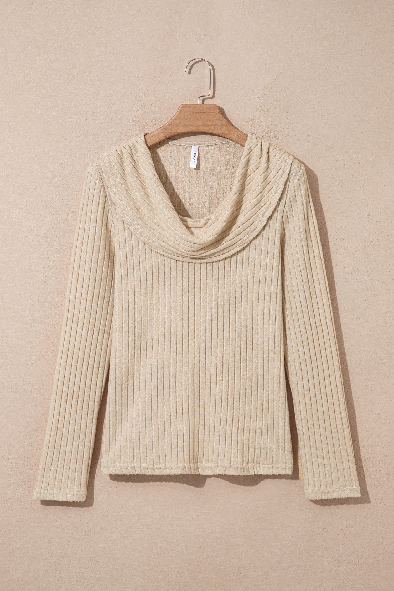 Apricot Solid Color Ribbed Knit Cowl Neck Long Sleeve Top-Tops/Long Sleeve Tops-[Adult]-[Female]-2022 Online Blue Zone Planet