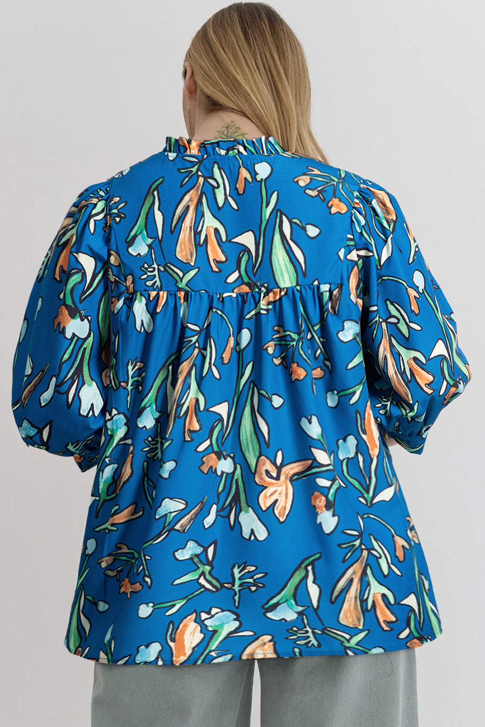 Blue Floral Notched V Neck Half Sleeve Plus Size Blouse-Plus Size/Plus Size Tops/Plus Size Blouses & Shirts-[Adult]-[Female]-2022 Online Blue Zone Planet